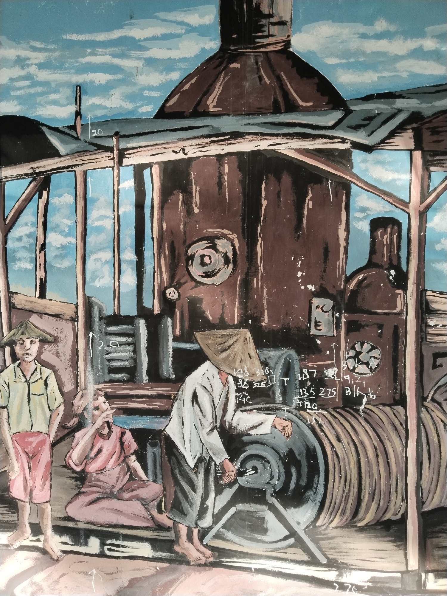 A watercolor painting depicts an industrial scene under a cloudy blue sky. In the foreground, three individuals are present. To the left, a young boy wearing a straw hat, yellow shirt, and pink shorts stands barefoot. In the center, a person in a pink outfit and straw hat sits on a bench, with their hand near their face. To the right, a person wearing a white shirt and dark pants with a straw hat operates a piece of machinery. Behind them, a large, rusty industrial apparatus dominates the scene, with pipes, tanks, and a large spool of cable. White chalk markings and numbers are visible on the machinery. The setting appears to be an outdoor workshop or factory area.