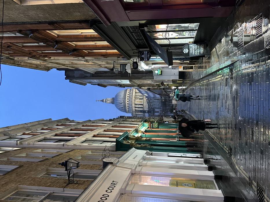 This image presents a classic London street scene, likely captured at twilight or dawn, as indicated by the clear, deep blue sky and the illumination from artificial lights. The perspective looks down a narrow, wet cobblestone street, which appears slick and reflective, suggesting recent rain.
Dominating the background and framed by the buildings, the grand dome and spire of St. Paul's Cathedral stand prominently against the sky. On either side, multi-story buildings line the street, featuring traditional architecture with numerous windows, cornices, and detailed shopfronts.
In the foreground, a person dressed in dark attire stands holding a black umbrella, facing towards the viewer. Their figure and umbrella are clearly reflected in the wet pavement beneath them. Further down the street, two other individuals are partially visible, also carrying umbrellas as they walk away from the camera, adding a sense of movement to the quiet scene.
The shopfronts are illuminated, showcasing display windows and various signs. Visible text includes "WOOD COURT" on the lower part of a building on the left. Other signs have partial text like "OUR FAMOUS" and "FLEXIBLE," along with a specific name "S.M.GOWE". A decorative street lamp is affixed to the building on the left. The reflections on the wet surfaces create a shimmering effect, enhancing the atmosphere of a damp but picturesque urban environment in London.