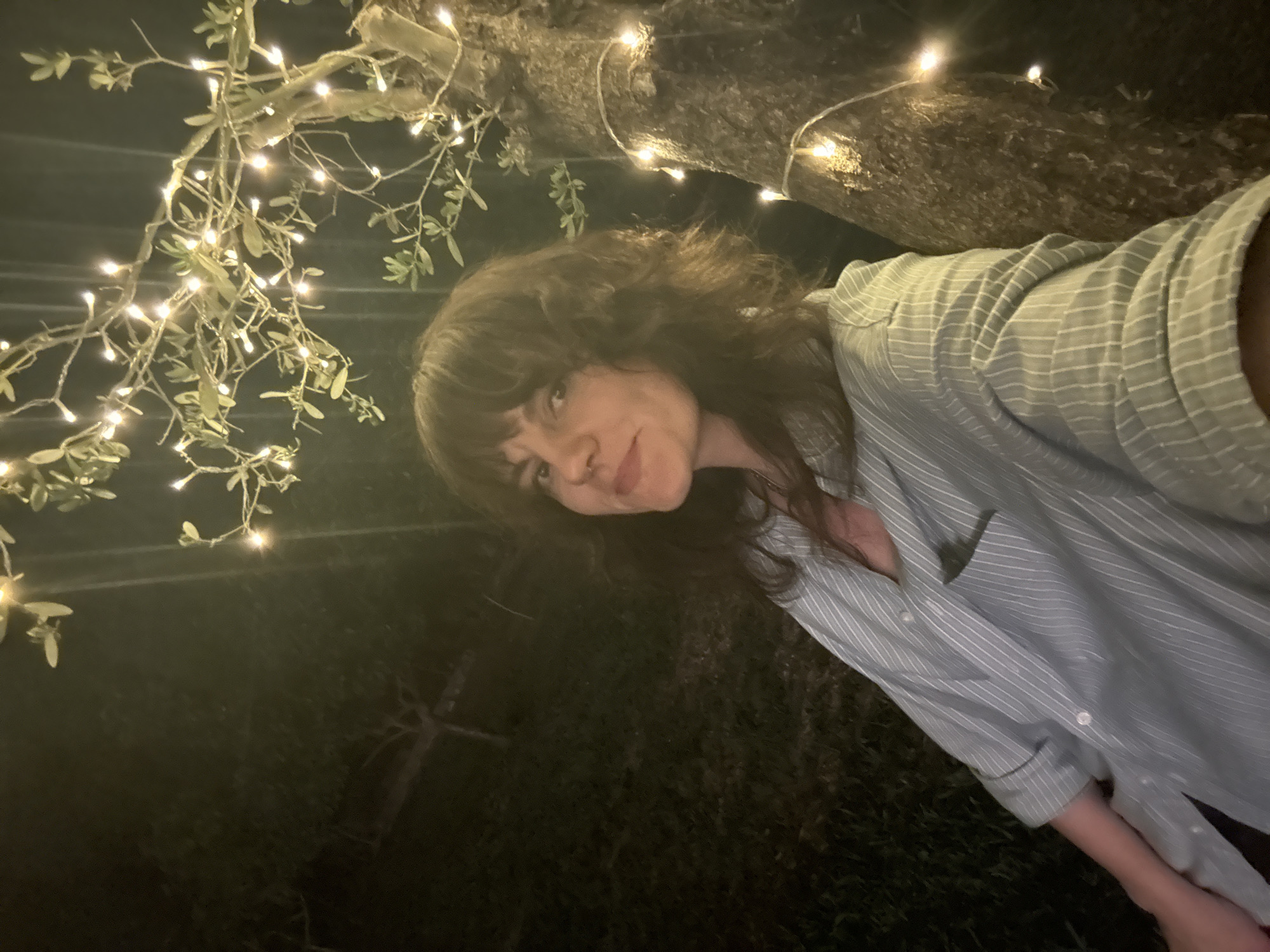 A woman with medium-length, wavy brown hair and bangs is taking a selfie outdoors at night. She is wearing a light blue and white striped button-down shirt. The background shows a dark, grassy slope with a tree illuminated by string lights. The tree has a thick, textured trunk and branches adorned with many small, warm-toned lights and some leaves. The setting appears to be in a garden or outdoor space, possibly in the city of Brca, Montenegro, given the visual elements of natural foliage and atmospheric lighting common in such locations.