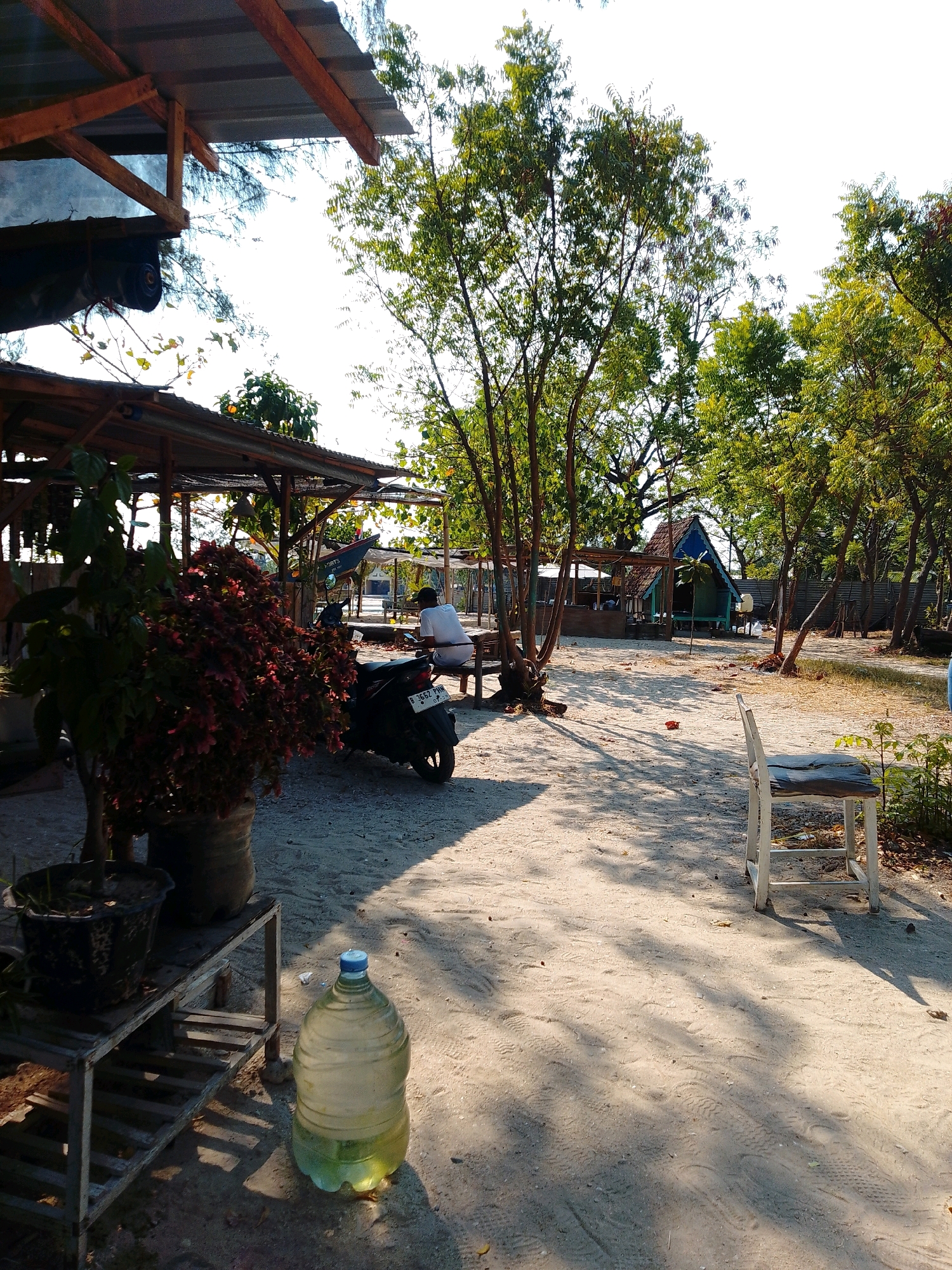 The image depicts an outdoor scene in Cikal, Indonesia. The environment is sandy with scattered trees and vegetation, suggesting a semi-tropical or coastal location. Several open-air structures with corrugated metal roofs are visible, some appearing to be kiosks or shelters. A black motorcycle is parked near one of the structures. A person wearing a white shirt and dark shorts is seated on a bench, facing away from the camera, and appears to be looking at a device. In the foreground, a large plastic water jug is placed on the sand, and a metal shelving unit holds potted plants. A white chair with a dark seat is positioned on the sand to the right of the frame. Sunlight casts distinct shadows across the sandy ground, indicating a clear day. The overall impression is of a casual, outdoor gathering or resting area, possibly near a beach or a recreational spot.