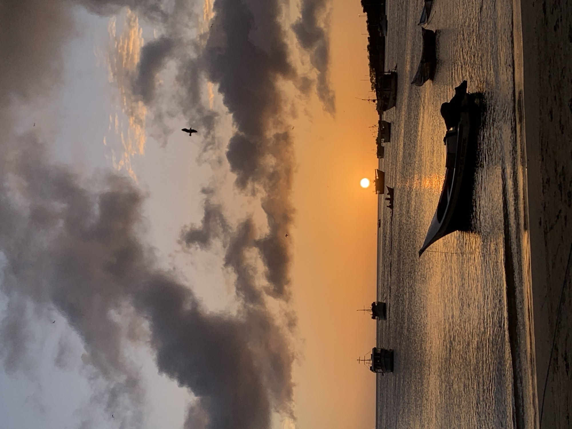 This is a vertical, full-shot photograph of a sunset scene at the beach in Juan Griego, Venezuela. The sun, a bright orange orb, is low on the horizon, casting a warm glow across the water and sky. Dark, brooding clouds fill the upper portion of the frame, contrasting with the lighter, orange-tinted sky. Several fishing boats are anchored in the calm, shimmering water, their silhouettes dark against the sunset's reflection. The closest boat in the foreground is a small dinghy with an outboard motor, pulled up to the sandy shore. The beach in the foreground is dimly lit, with footprints visible in the sand. In the distance, a treeline is visible along the coast. Two birds are captured in flight against the cloudy sky.