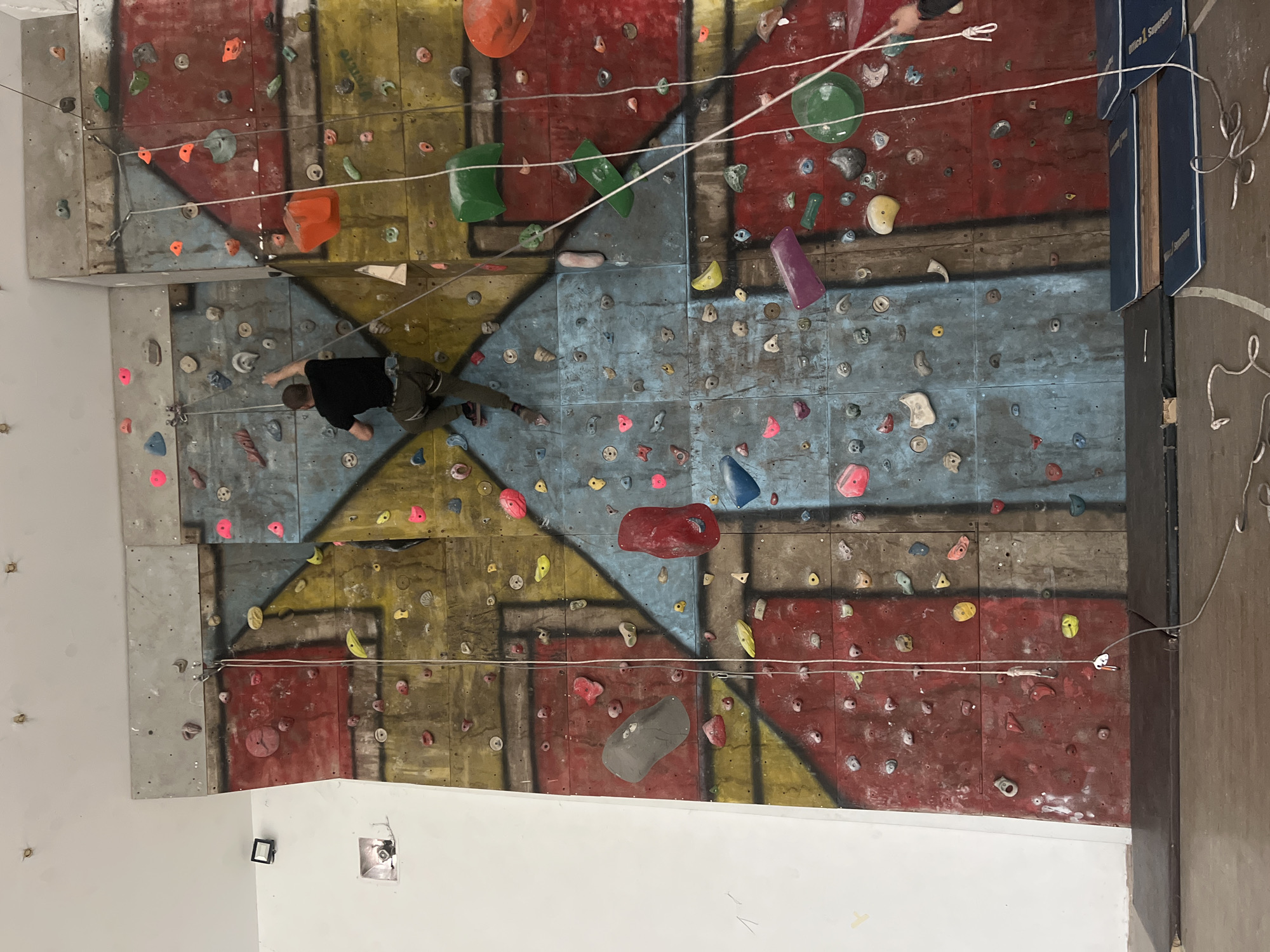 The image shows a person climbing an indoor climbing wall. The climbing wall is multi-colored, with sections in red, yellow, and blue. Climbing holds of various shapes and colors are attached to the wall. The person is wearing a black shirt and green pants. They are positioned on the left side of the wall, reaching for a hold. A white rope is visible, likely part of a belay system. The wall is located indoors. The city name 'Elena' and country 'Bulgaria' is not visible in the image. The climbing wall is constructed of different sections of wood.