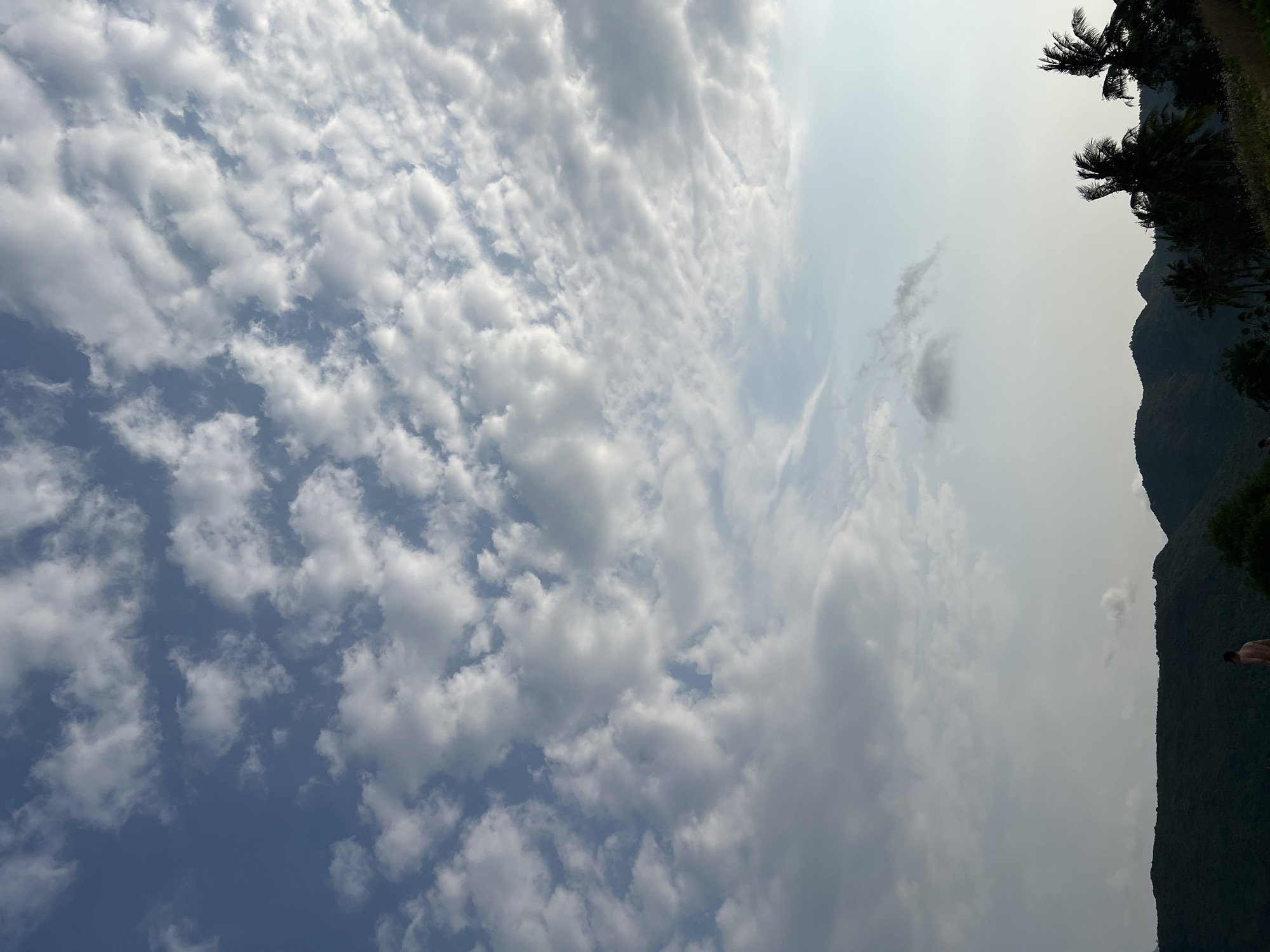 The image presents a wide, scenic view dominated by a dynamic sky and a verdant mountainous landscape. The upper portion of the frame features a vast expanse of sky, filled with numerous scattered, fluffy cumulus clouds. Patches of clear blue sky are visible between the clouds, and there's a gentle haze towards the right side, suggesting bright sunlight diffused by atmospheric conditions.
Along the right edge of the image, dark green, heavily forested mountains rise, forming a prominent silhouette against the brighter sky. Several palm trees are distinctly silhouetted at the top of these mountains, their fronds detailed against the light.
In the bottom right corner, a person is visible, a small figure against the grand scale of the landscape. They appear to be standing or in mid-action, possibly jumping or diving, facing away from the camera. The individual is shirtless, revealing their back and arm.
The scene depicts a natural setting during daytime, with fair weather characterized by scattered clouds. The combination of mountains, tropical vegetation, and the presence of a person engaging in what appears to be recreational activity is consistent with the location context of Nam Natural Heritage Area Trang, Vietnam. No visible text is present in the image.