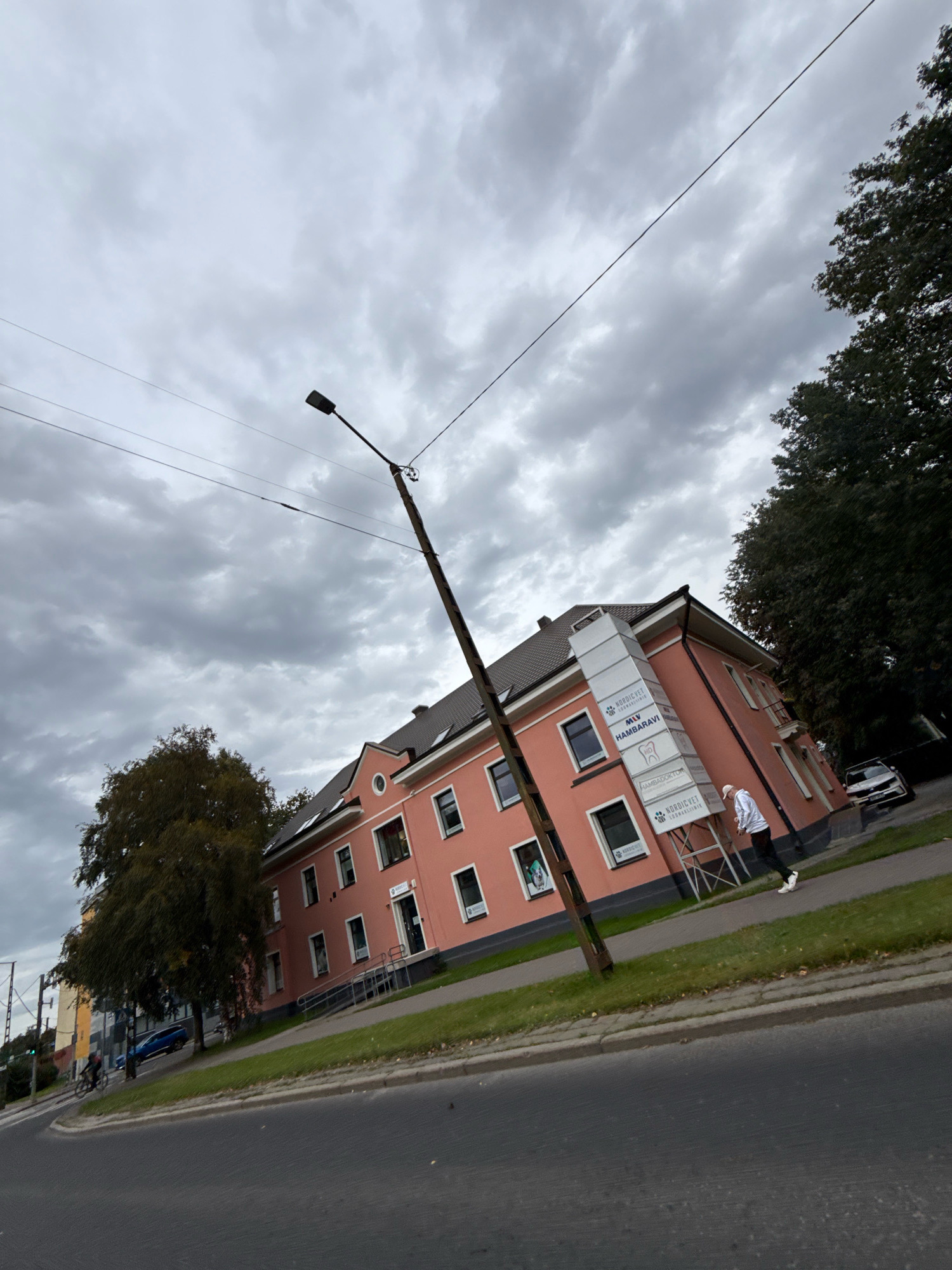 An overcast day in Tallinn, Estonia, features a tilted view of a salmon-pink building situated on a slope next to a road. The building has multiple windows, a dark-tiled roof, and signage indicating "NORDICVET ZOOKLINIK" and "HAMBARAVI". A person wearing a white hoodie and dark pants is walking on the sidewalk in front of the building. A dark-colored car is parked on the side of the road. A leaning lamppost stands in the foreground, with power lines stretching across the sky. Trees line the right side of the frame, and a grassy area separates the sidewalk from the road. In the distance on the left, there is another building with yellow and gray facades and a traffic light. A blue car is visible on the road, and a cyclist is riding in the background.
