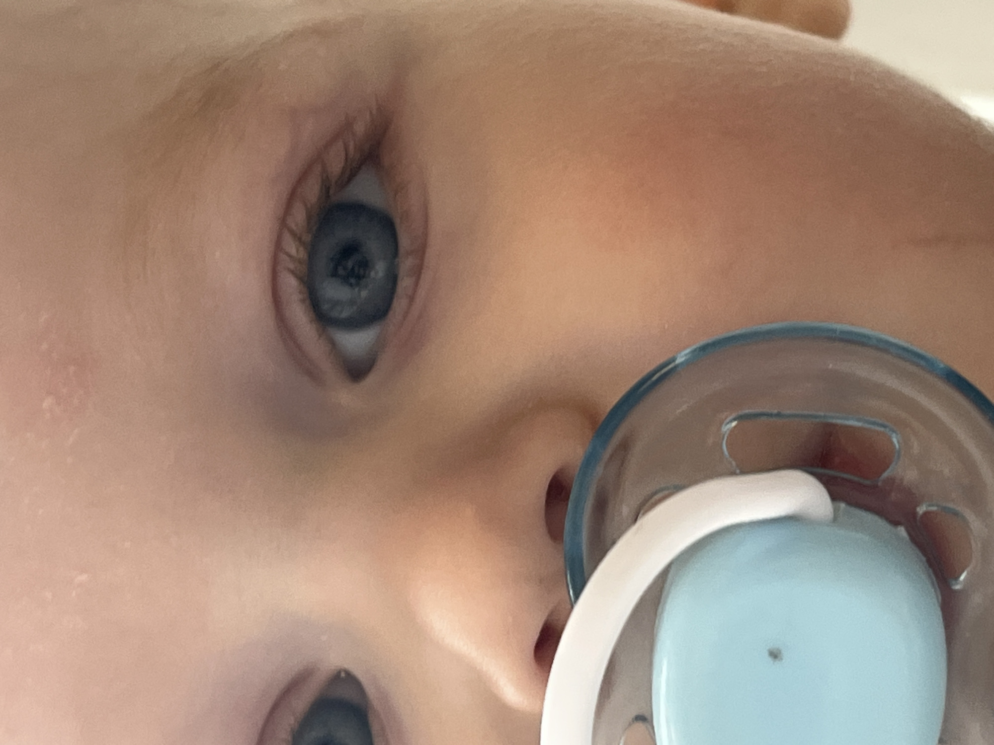 A close-up, vertically oriented image captures a baby's face from an unusual, possibly overhead, angle, with the baby's head tilted. The primary focus is on the baby's blue eyes and fair skin. The prominent eye, located in the upper left, features a clear, deep blue iris with a dark pupil and visible eyelashes. The other eye is partially visible towards the bottom left. The skin appears soft and smooth, with a few faint creases or rolls near the eyes, and shows some digital grain.
A pacifier occupies the lower right portion of the frame, partially obscuring the baby's nose and mouth area. It has a translucent blue/clear shield and a light blue silicone nipple, with a small dark speck visible on the nipple's surface. A white handle or strap extends from the pacifier's shield. The baby appears to be looking, perhaps at the camera, with an observant and neutral expression, eyes wide open.
The lighting is soft and even, suggesting an indoor setting. There are no specific cues for time of day or weather visible within the frame. No text is visible in the image. The image is set in Chaikovsky, Russia.