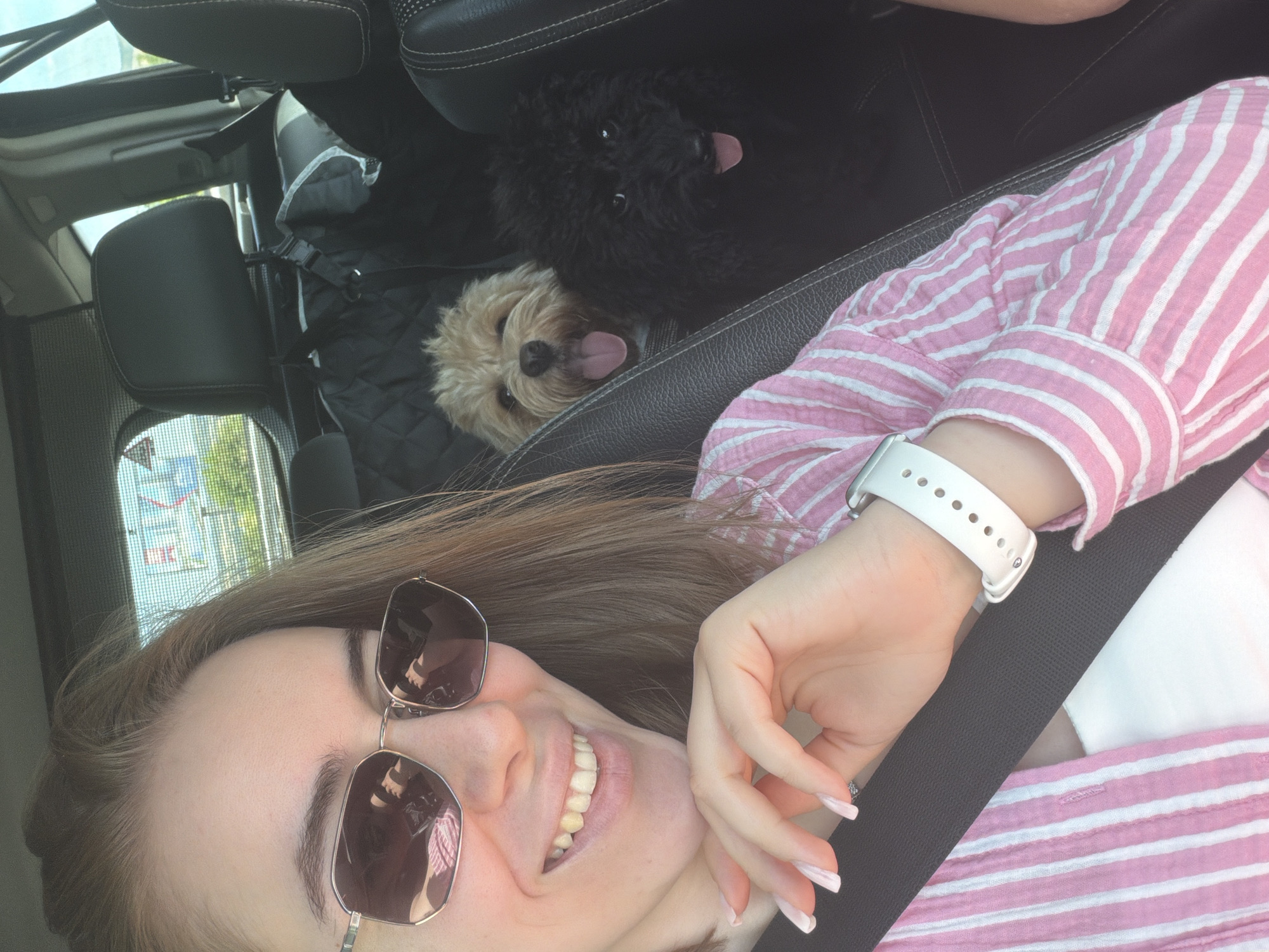 The media file captures a selfie of a young woman in the passenger seat of a car, with two dogs in the back seat. The woman has long, brown hair and is wearing sunglasses and a pink and white striped shirt. She is smiling broadly, with her hand resting on her chin, and her fingernails are painted a light pink. A white smartwatch is visible on her left wrist. The two dogs are a black poodle and a light brown terrier mix, both with their tongues sticking out. They are lying down in the back seat, which appears to be covered with a protective liner. The interior of the car is visible, including leather seats and a seatbelt. Outside the car, through the window, a sunny day can be inferred by the bright light. The background suggests an urban or suburban environment with some greenery. The overall mood is cheerful and relaxed, indicating a pleasant outing with her pets.