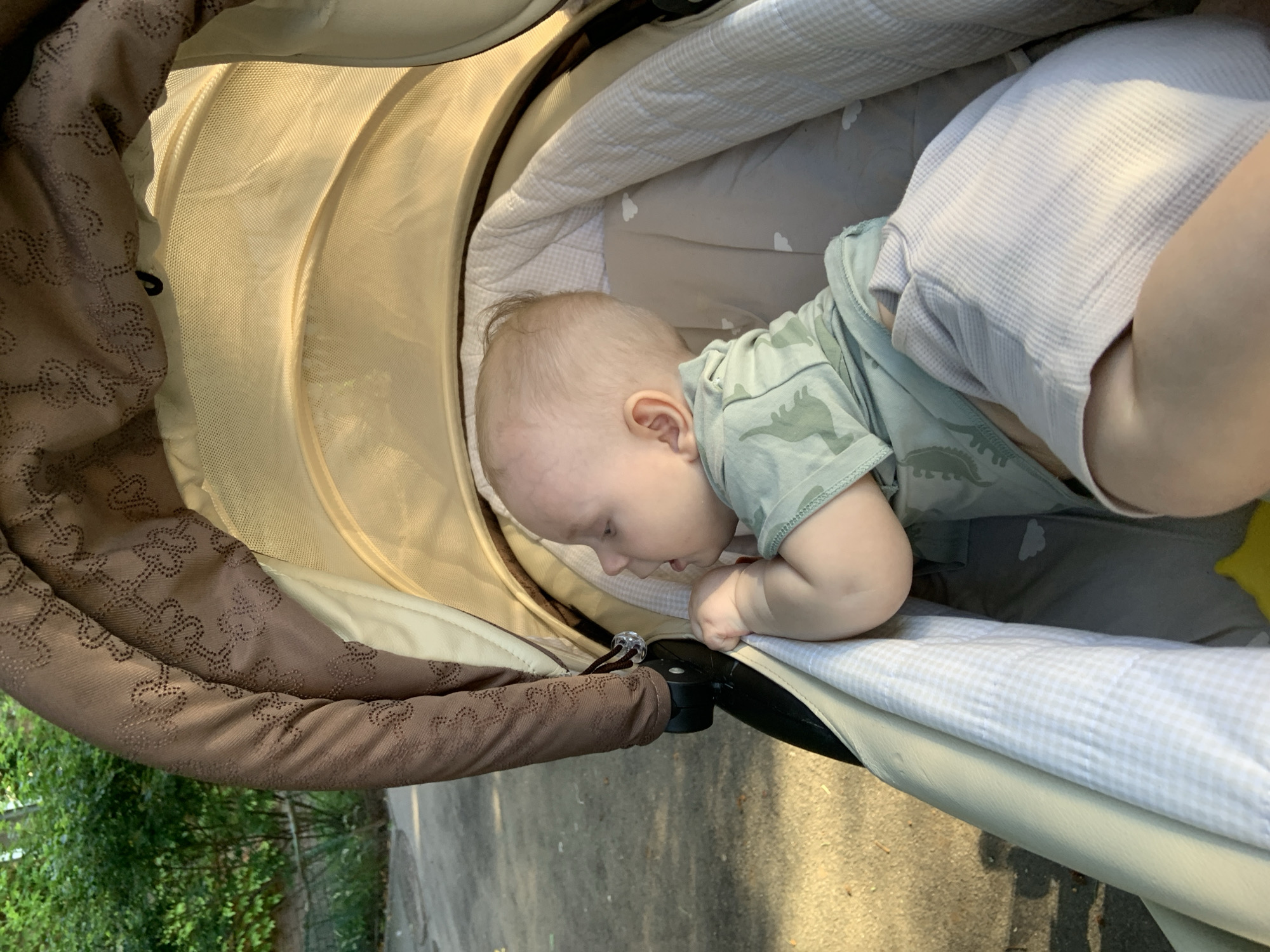 A baby is lying in a stroller, looking down. The baby is wearing a light green t-shirt with a dinosaur pattern. The stroller is beige and brown with a patterned fabric lining. A light gray and white checkered blanket is on one side of the stroller, and a gray blanket with white clouds is on the other. The scene appears to be outdoors, with greenery visible in the background and sunlight illuminating the stroller. The time of day appears to be daytime. There is no visible text in the image.