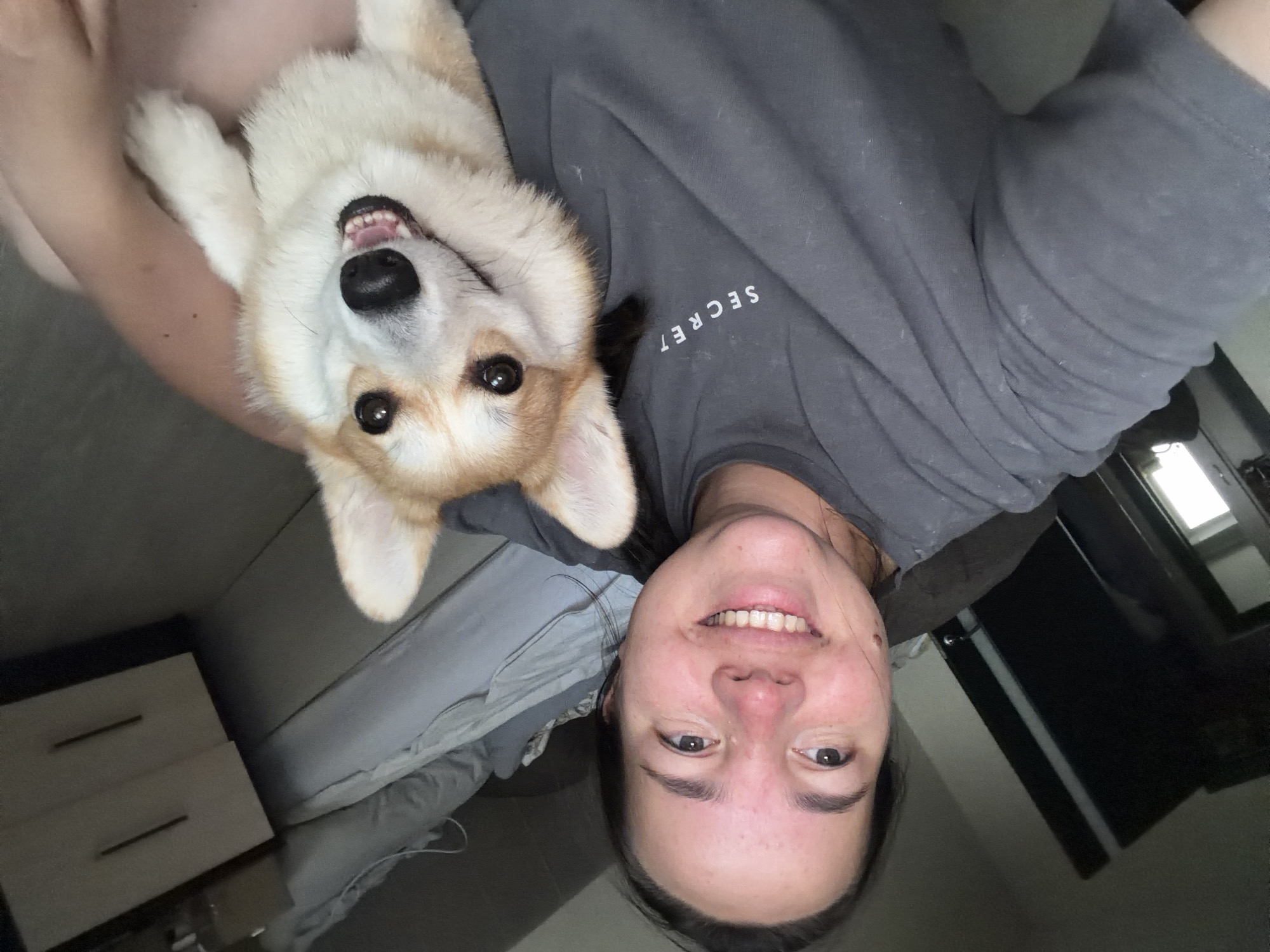 A woman and a corgi dog are pictured indoors. The woman is in the foreground, looking at the camera with a smile. She has dark hair pulled back and is wearing a grey t-shirt with "SECRET" printed on it. The corgi is in her arms, also looking at the camera with its mouth open, revealing its teeth. The background shows a bed with grey bedding and a nightstand with two drawers. To the left, a dark doorway is visible, with a glimpse of a bright window beyond. The overall lighting suggests an indoor environment, likely a bedroom. There is no indication of the location being in the city of Chaikovsky, Russia.