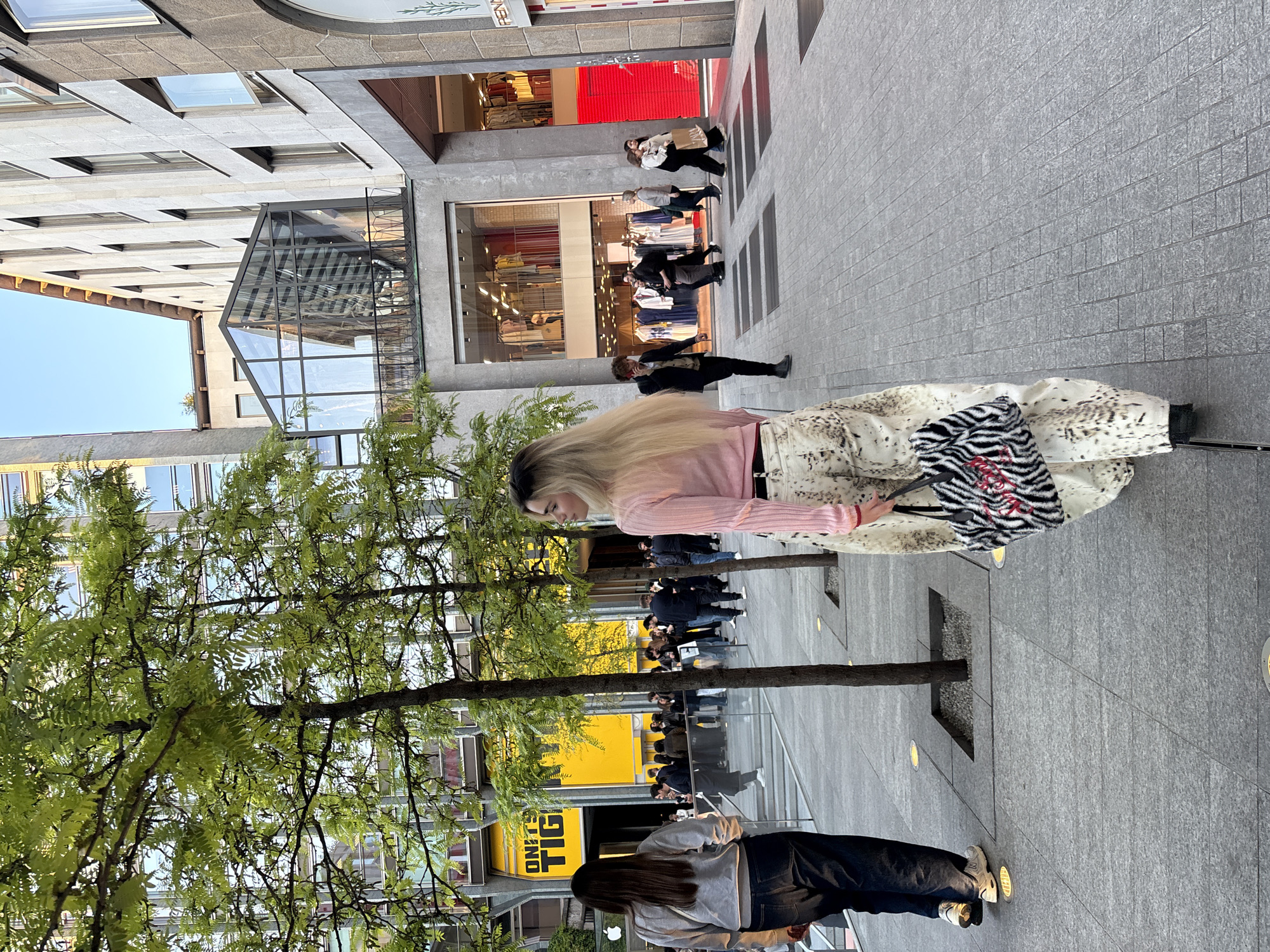 This image captures a vibrant urban street scene, likely a commercial or shopping district, set in Milan, Italy. The photograph is taken from a slightly elevated perspective, looking down a pedestrianized area flanked by modern buildings.
The primary subject is a young woman with long, straight, blonde hair, seen from the side, standing in the midground. She is dressed in a light pink, long-sleeved top and a flowing, cream-colored skirt with dark, mottled patterns, possibly an animal print. She carries a distinctive black and white striped tote bag with red lettering, which appears to be a brand logo, over her right arm. Her gaze is directed downwards and to her left.
Behind her, the street is bustling with other pedestrians. Several individuals are visible walking in various directions; some are carrying shopping bags. One woman, seen from behind, wears a grey hoodie and dark trousers. Further back, near the storefronts, groups of people are queuing or browsing.
The setting is characterized by contemporary architecture. Buildings with grey, textured facades and numerous rectangular windows line both sides of the street. Large glass storefronts display merchandise, indicating retail spaces. One building features a striking angular glass entrance or architectural element. Green trees with delicate foliage and slender trunks are interspersed along the sidewalk, adding a touch of nature to the urban environment. The ground is paved with light grey, rectangular tiles, and circular ground-level lights are embedded in the pavement.
The scene appears to be taking place during the daytime, under clear skies, suggesting pleasant weather.
Visible text includes "FENDI" in red lettering on a red awning above a storefront. Another prominent sign reads "ONITSUKA TIGER" in yellow letters on a black background above a shop entrance further down the street.
