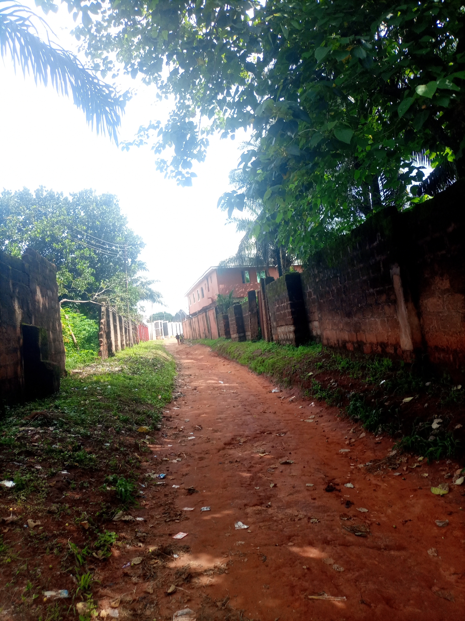 A dirt road passes through a residential area in Nkpor, Nigeria. The road is lined with brick walls and lush vegetation. A two-story building is visible in the background, and two figures can be seen walking in the distance. The sky is bright and overcast, suggesting it may be midday. The road is littered with debris, indicating a lack of regular upkeep.