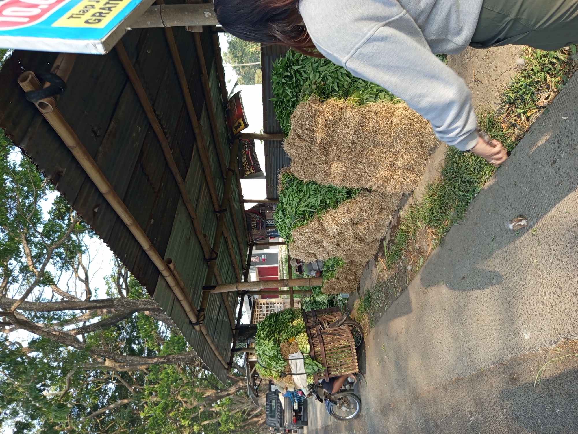The image depicts a roadside market scene in Bokor, Indonesia, with a focus on a motorcycle laden with a large quantity of green vegetables and some straw-like material. The motorcycle is parked on the side of a paved road, with a covered stall structure behind it. The stall has a corrugated metal roof supported by bamboo poles and is lined with more produce, including stacks of what appear to be long green leafy vegetables and dried hay-like material. Several people are visible in the background, including a person on the motorcycle and others near the stall, some of whom appear to be vendors or customers. The environment suggests a typical market day, with the presence of vehicles and the display of goods for sale. The lighting indicates it is daytime, possibly late afternoon given the long shadows.