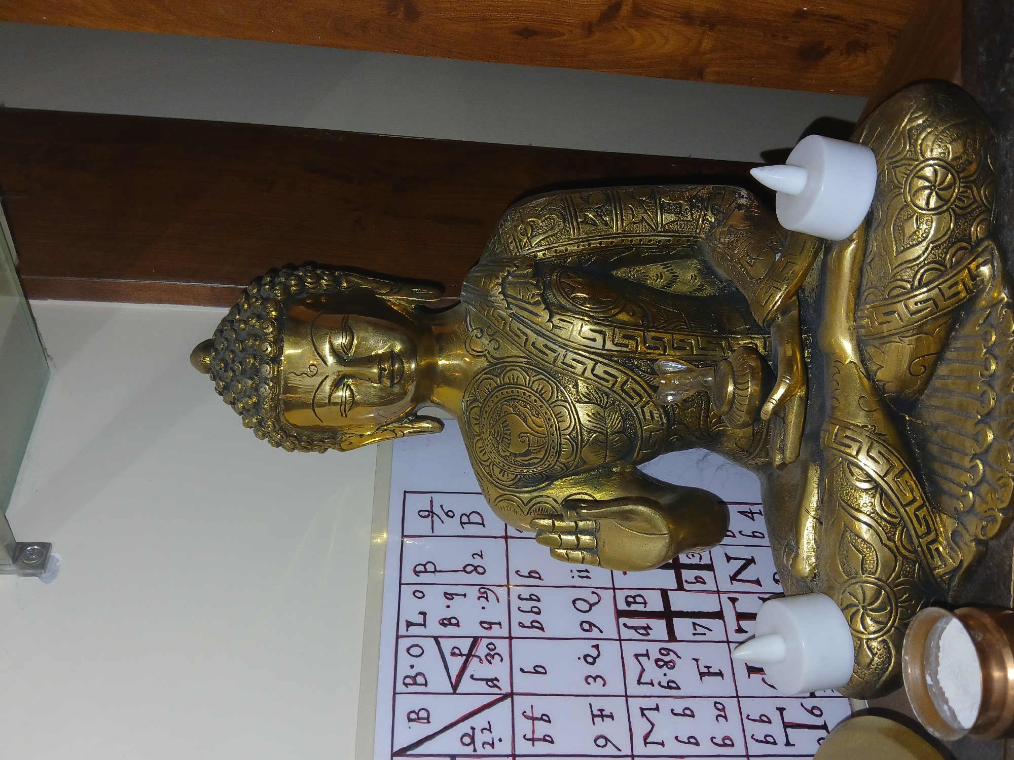 A gold-colored Buddha statue sits in a meditative pose in Bengaluru, India. Two small white electric candles are positioned near the statue's base. Behind the statue is a white board covered with hand-written notations in black and red ink. A glass shelf is visible to the left of the statue, and a wooden surface appears above the statue.