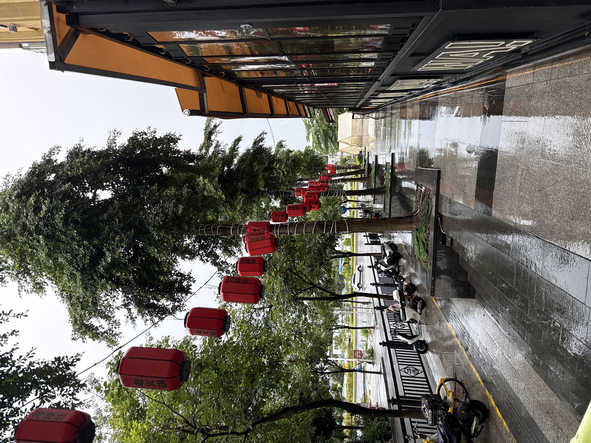 This is a medium-shot, eye-level, portrait-oriented photograph of a street scene in what appears to be Haizhu District, China. The image is heavily desaturated, giving it a somewhat muted and overcast appearance. Red lanterns are strung along wires above a row of trees, creating a festive yet subdued atmosphere. The ground is wet and reflective, indicating that it has recently rained or is still raining. A sidewalk runs alongside the street, paved with large, dark gray tiles.
Several electric scooters and bicycles are parked along the sidewalk, suggesting a mode of transportation common in the area. A yellow bicycle with a basket is prominently featured in the foreground. Behind the scooters, a black metal fence separates the sidewalk from a paved area that seems to be part of a walkway or road. In the background, trees and a few distant buildings are visible, along with what looks like a crosswalk and traffic signals.
The sky is overcast, contributing to the dim lighting and lack of strong shadows. The overall mood of the photograph is quiet and possibly melancholic due to the rainy weather and the empty street. The scene suggests an ordinary day in an urban environment, with subtle cultural elements like the lanterns adding character. No people are clearly visible in the frame, but the presence of the parked vehicles implies activity. Some Chinese characters are visible on the red lanterns, though they are not distinct enough to be read clearly. There are also some square illuminated signs on the building facade above the awnings, but the text is illegible.