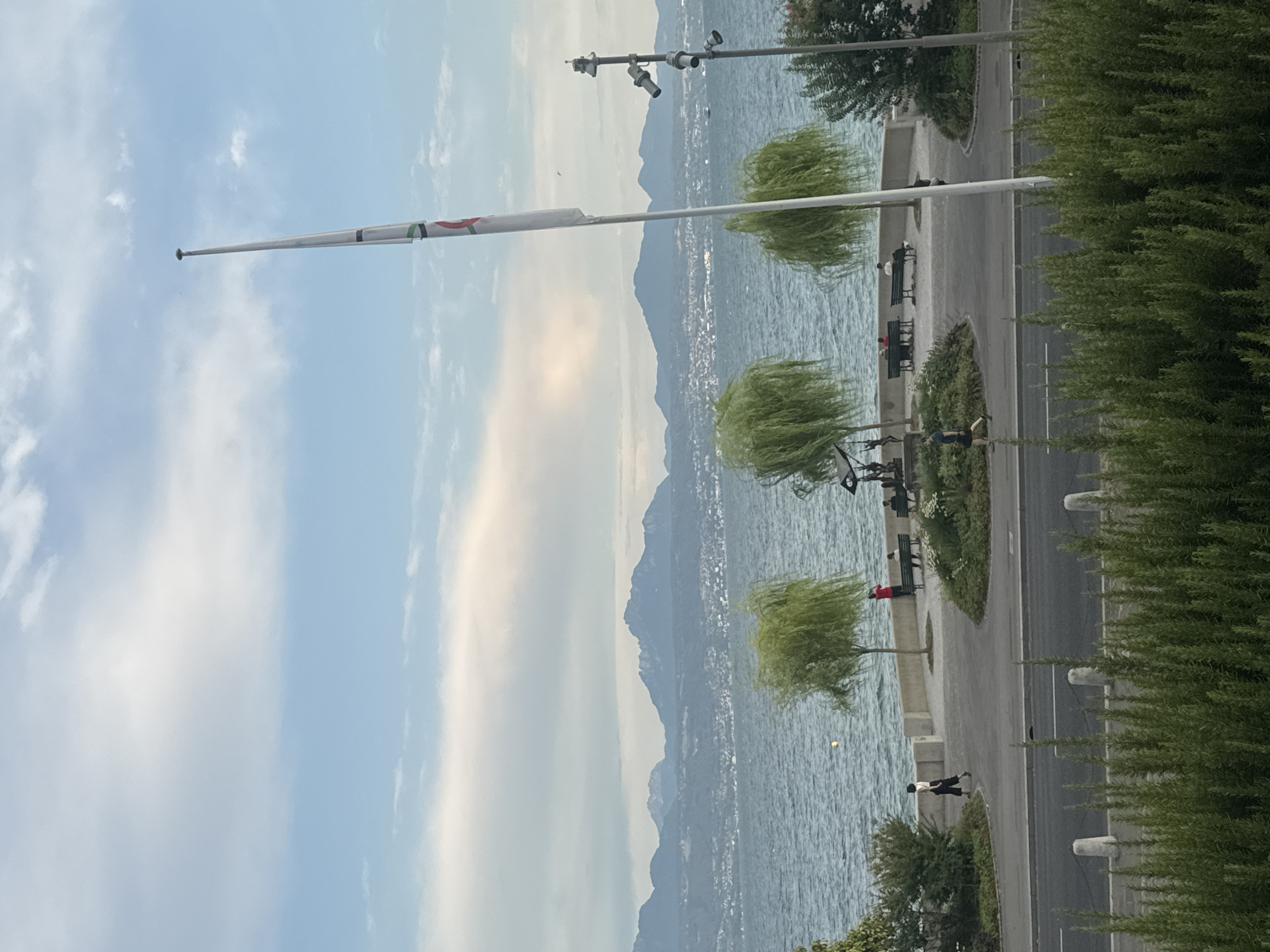 The image depicts a scenic view of Lake Geneva in Lausanne, Switzerland. In the foreground, dense green foliage lines the bottom of the frame. Beyond the foliage, a paved walkway runs parallel to the lake. Several white bollards are visible along the edge of the walkway.

Further back, a promenade area features benches, trees, and a sculpture. Three people are seated on two benches, and one person walks along the promenade. A person in a red shirt stands near a bench, and another person in dark clothing walks away from the camera on the walkway. Three willow trees with drooping branches are prominent features of the promenade.

The lake itself is a deep blue and appears somewhat choppy, with a few small boats visible in the distance. Across the lake, a range of mountains forms a hazy blue silhouette against the sky. The sky is partly cloudy, with patches of blue sky interspersed with white clouds. A tall flagpole with a white flag bearing colorful emblems stands to the right of the frame. A lamppost with multiple lights and cameras is also present on the right side. The overall impression is one of a tranquil lakeside scene.
