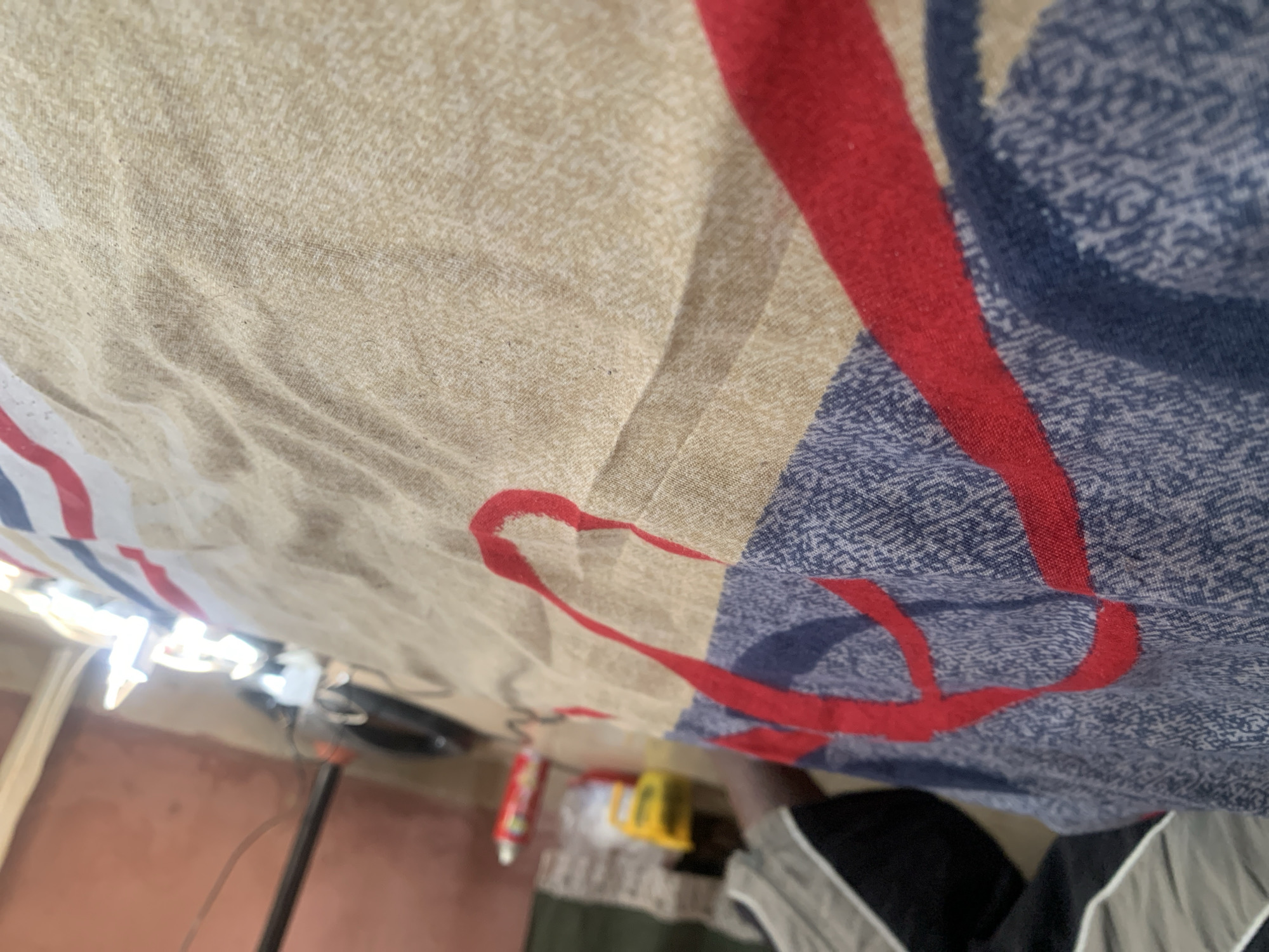 The image depicts a close-up view of a folded blanket with a patterned design. The blanket features sections of blue with a subtle textured print, intersected by bold red stripes. A large portion of the blanket is a lighter, sandy beige color, also with a fine, speckled texture. The fabric appears slightly rumpled, suggesting it is spread out.
In the background, out of focus, are elements that suggest an indoor setting. To the left, a person's legs are visible, clad in dark pants with grey and white stripe accents, possibly sportswear. Further back, a yellow cup and a red can (possibly a spray can) are on the floor. To the right, a floor fan with its power cord and plug is visible, and a portion of a wall with a textured, pinkish hue is present. The lighting suggests a bright environment, possibly from natural light or artificial sources. There is no direct indication of the specific location within Jauro Yinu, Nigeria, other than the context provided.