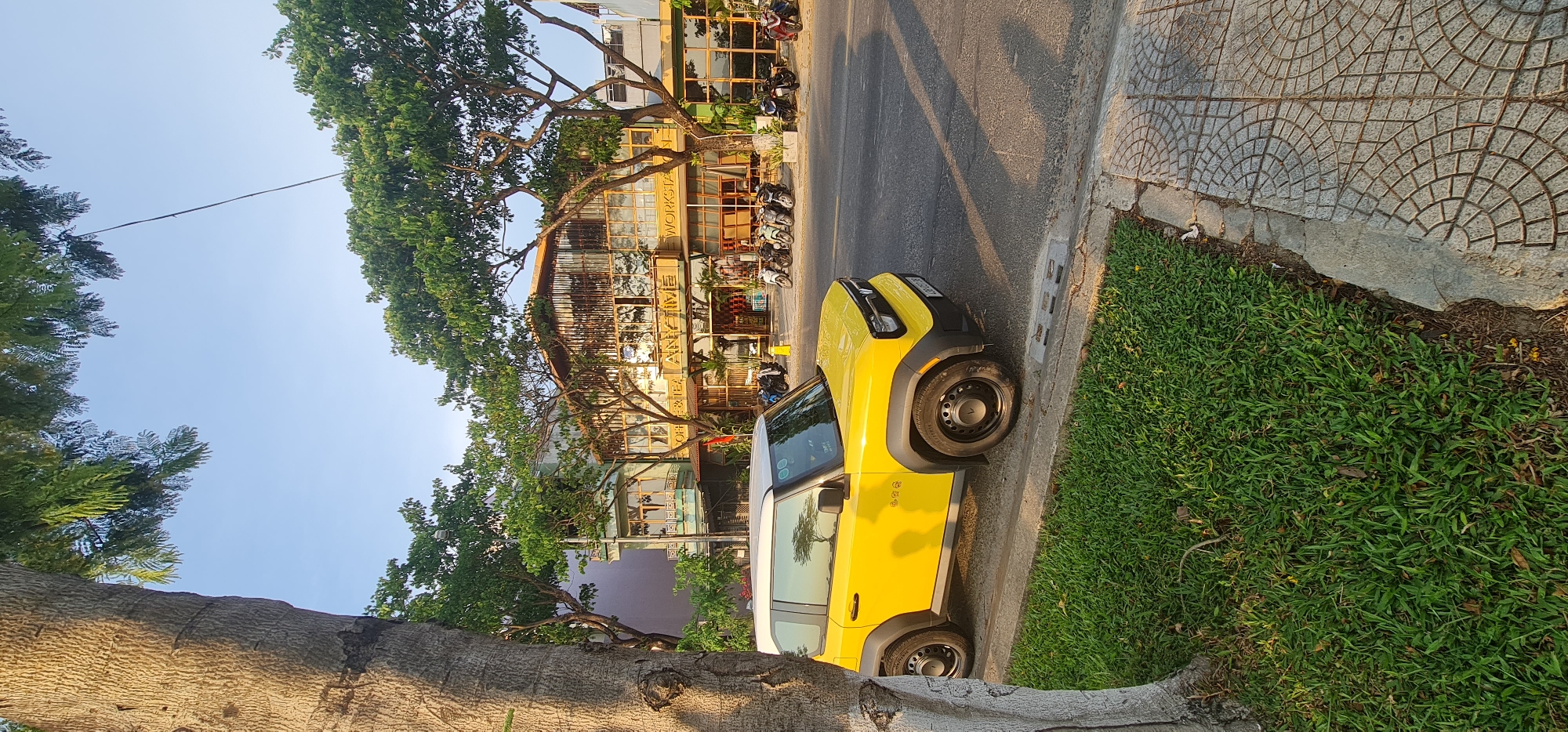 A yellow and white Wuling Mini EV sits parked alongside a road in Đà Nẵng, Vietnam. The car is parked next to a grassy patch and a sidewalk composed of patterned grey stones. In the background, across the road, is a commercial building with a partially obscured sign. Trees with dense foliage line the street, partially obscuring the building. Several motorcycles are parked in front of the building. The sky is clear and blue. A large tree trunk is in the foreground.
