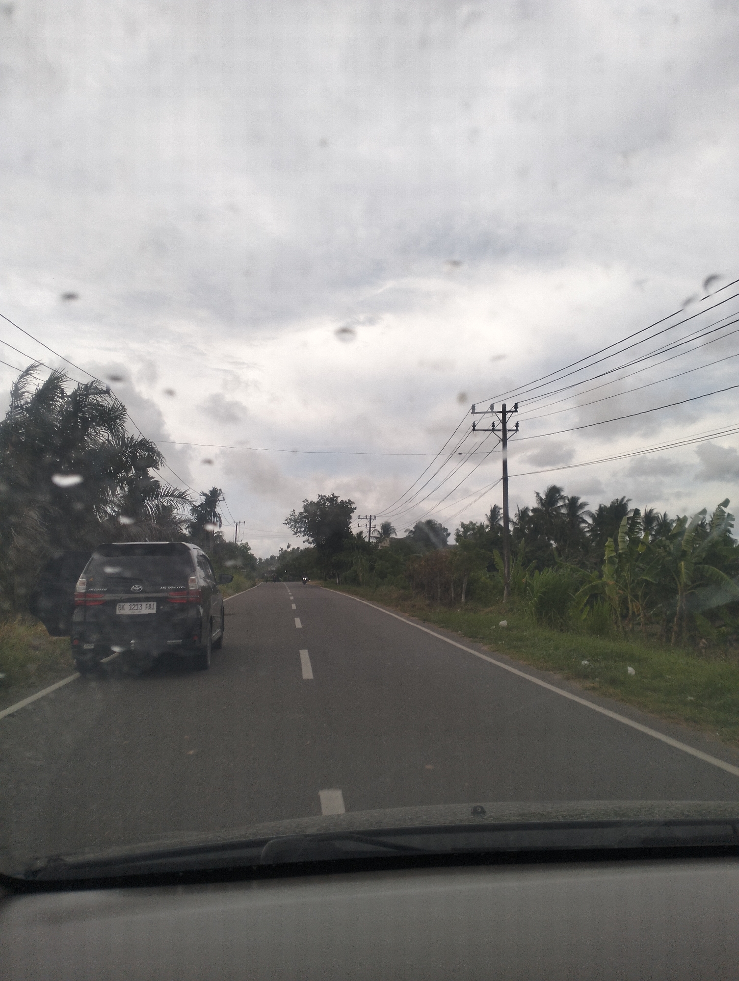 The image shows a view from a vehicle traveling on a paved road in what appears to be a rural or semi-rural area of Payadua, Indonesia. The sky is overcast with gray clouds. On the left side of the road, a black SUV with license plate "BK 1213 FAI" is visible, in motion. The road is marked with a white dashed line. To the left of the SUV, there are tall palm trees and other lush vegetation. On the right side of the road, there are more trees, including banana trees, and vegetation, as well as utility poles with numerous power lines. The image is taken from inside a vehicle, as evidenced by the windshield and the dashboard at the bottom of the frame, and there are water droplets on the windshield, suggesting it may be raining or has recently rained. The road extends into the distance, with a few other vehicles visible further down the road. The overall impression is a mundane view of travel through a tropical landscape under cloudy skies.