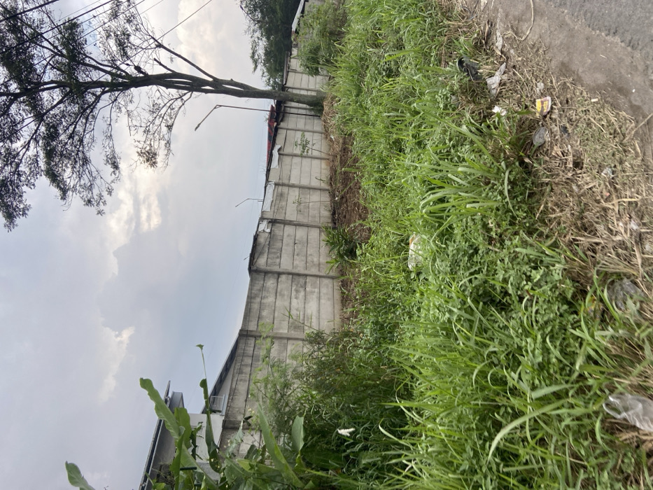 The image shows a concrete wall with a few gaps, overgrown with weeds and grass. There is a dirt road next to the wall. In the background, a tree is visible, and a cloudy sky is in the distance. The location is a street in the city of Kecamatan Margaasih, Indonesia, with the latitude and longitude coordinates of -6.963, 107.538. There are no visible people or animals in the image.
