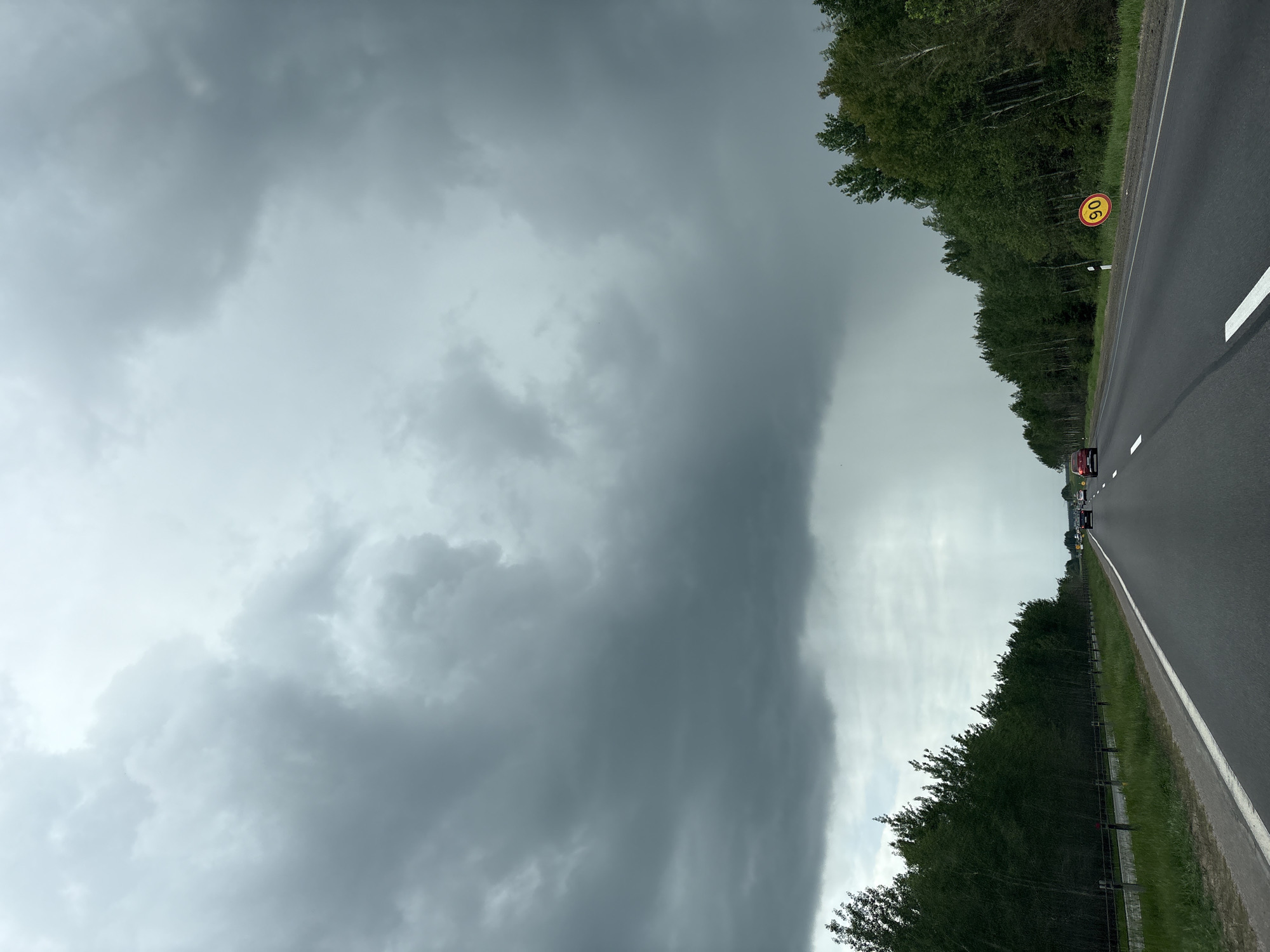 The image depicts a road in Голацкі сельскі Савет, Belarus, under a cloudy sky. The road is lined with trees on both sides. There are cars driving on the road. A yellow speed limit sign is visible on the right side of the road. The sky is predominantly grey and overcast, suggesting inclement weather.