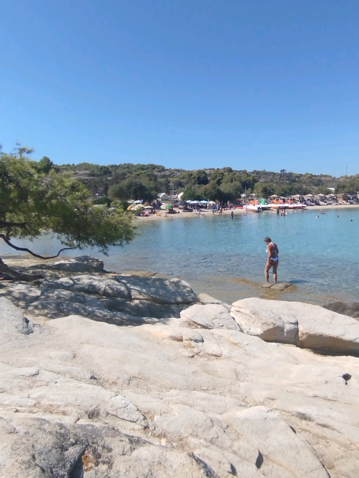 This is a landscape photograph taken at a beach in Sithonia Municipal Unit, Greece. The scene depicts a clear blue sky above a body of calm, turquoise water. In the foreground, large, light-colored rocks are visible on the shore. A person in a white bikini is standing in the shallow water amidst the rocks. In the background, the beach is lined with trees and hills. There are several umbrellas and beach chairs set up on the sand, and a few people can be seen on the beach and in the water. Several small boats are also present in the water. A large tree with green foliage extends into the frame from the left side of the image, casting shadows on the rocks. The overall impression is a tranquil and sunny day at a Greek beach.
