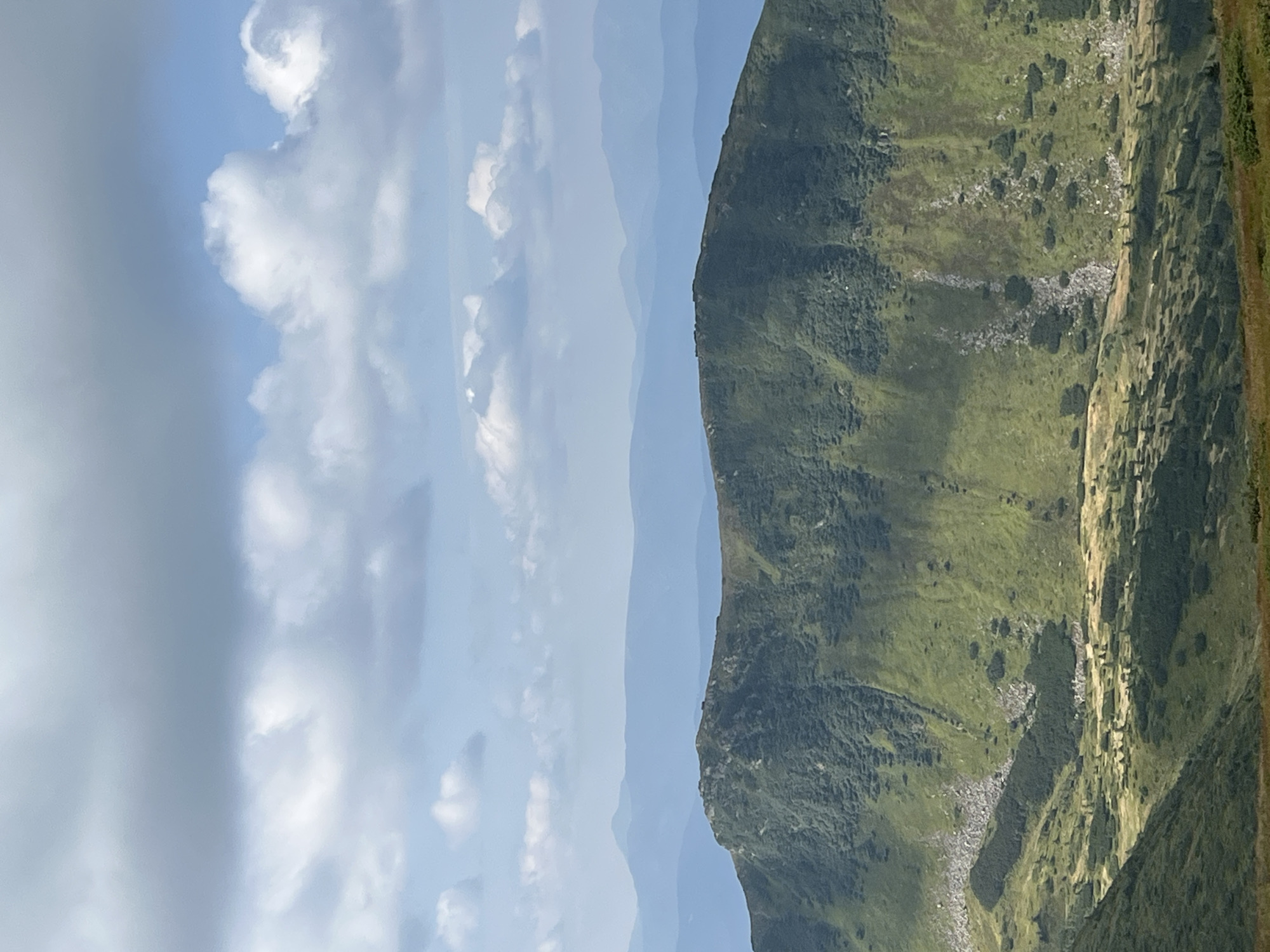 The image depicts a scenic view of rolling green mountains under a partly cloudy sky. The foreground is dominated by the slopes of a large mountain covered in lush green vegetation and scattered rocks. In the mid-ground, several layers of hazy blue mountains recede into the distance, suggesting a vast mountainous landscape. The sky is a vibrant blue with scattered white and gray clouds. The scene is natural and devoid of any human presence or man-made structures. The location is identified as the Carpathian Mountains in Ukraine.