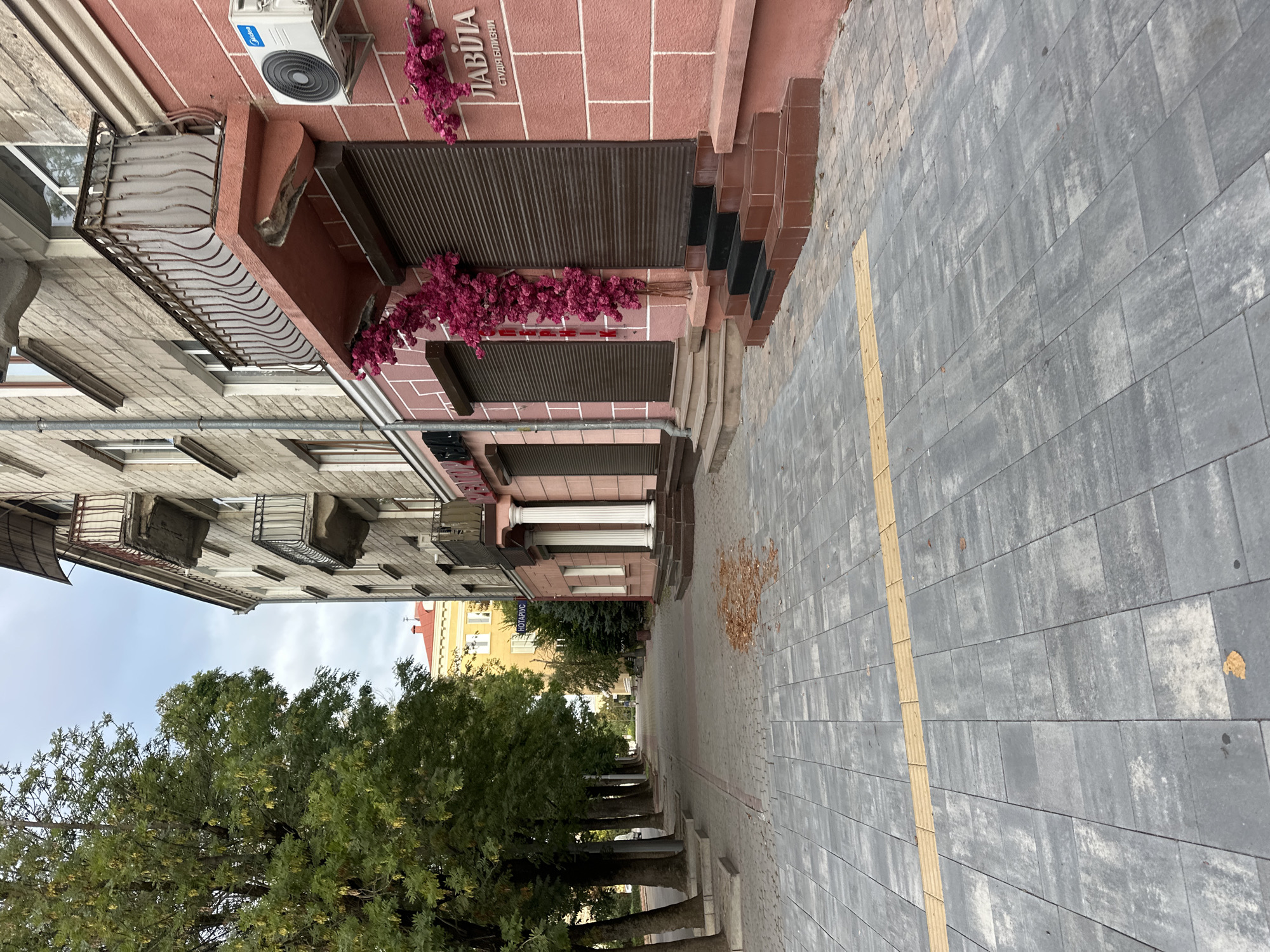 The image captures a street scene in Ternopil, Ukraine. A sidewalk paved with gray rectangular stones runs alongside a light pink building with a light gray, textured facade. The building has multiple stories with balconies. Some windows are visible on the upper floors. The ground floor features store entrances with dark rolling shutters, decorated with artificial pink flowers. A sign on one of the store fronts reads "ЛАВІЛA СТУДІЯ БЛИЗЬКИ" in Cyrillic. An air conditioning unit is mounted on the wall near one of the balconies. To the left of the building, a row of trees with green foliage lines the sidewalk. A yellow tactile paving strip is visible on the sidewalk in the foreground. A few scattered dry leaves are on the pavement. The sky is overcast. The scene appears to be a commercial or residential street.