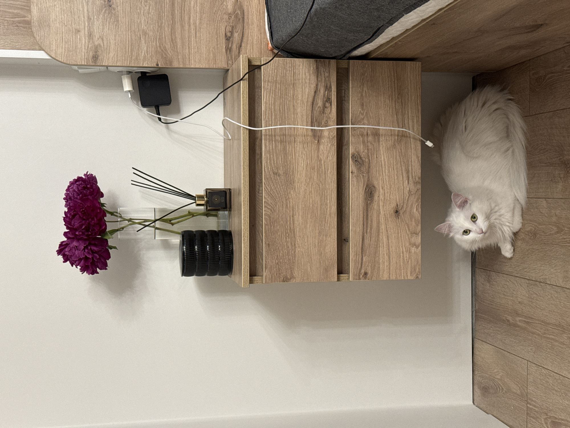 A white fluffy cat with green eyes is lying on a wooden floor next to a wooden nightstand. On the nightstand, there are purple flowers in a glass vase, a black cylindrical object, and a small bottle with diffuser reeds. A black charging block is plugged into a wall outlet, with white and black cords draped over the edge of the nightstand. The nightstand has two drawers. A bed frame is visible to the right of the nightstand. The scene appears to be indoors, likely in a bedroom.