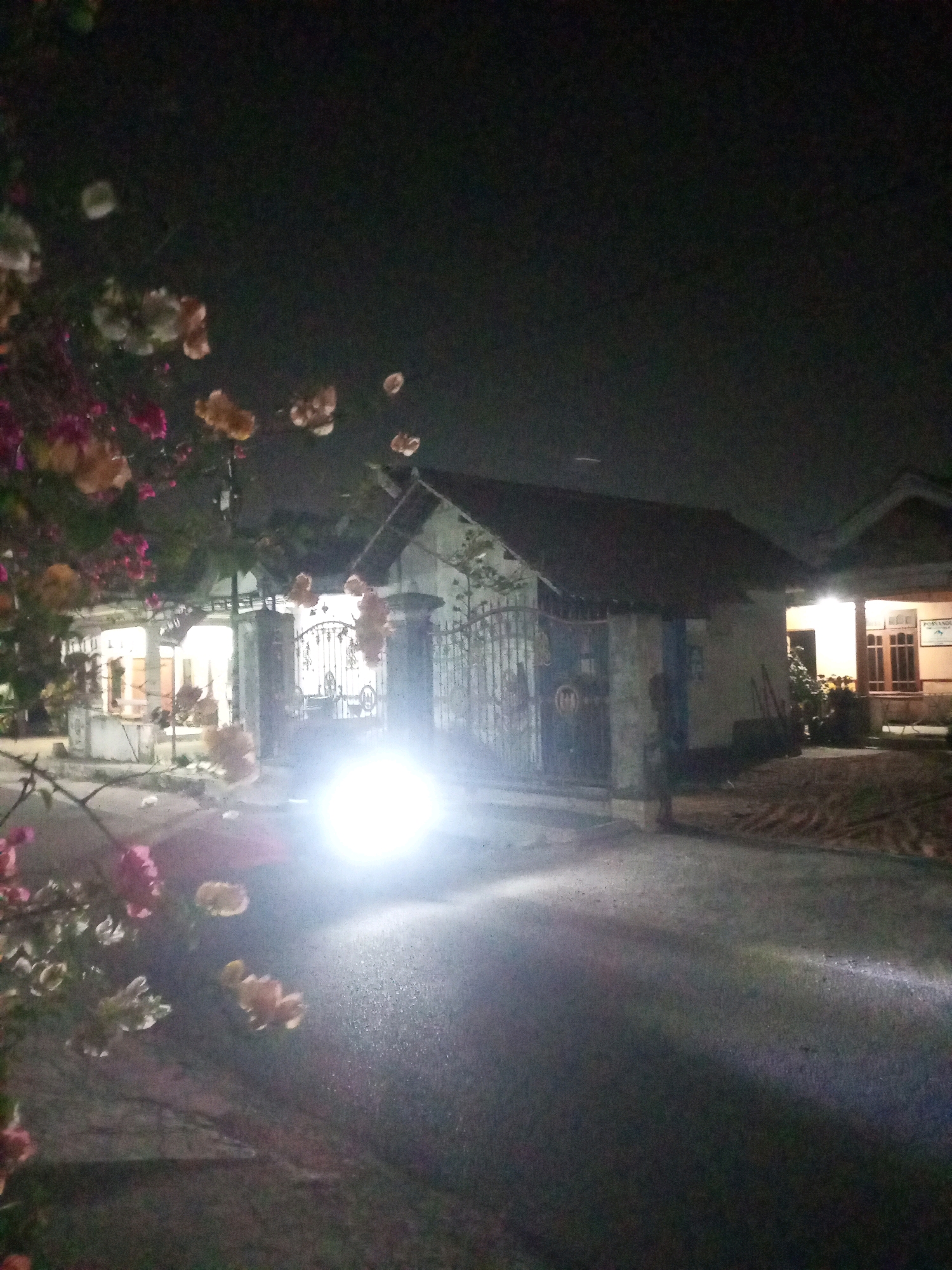 This image was taken at night in the city of Ngasem, Indonesia. The scene depicts the entrance to a property, characterized by a metal gate and a small building with an awning. A bright, intense light source, likely from a vehicle's headlights, is positioned in the foreground, casting a strong glare onto the asphalt road and the surrounding area. To the left, there is a tree with pink and orange flowers, partially obscuring the view of the property. The sky is dark, indicating nighttime. The property appears to be a residential or small commercial establishment, with lights visible inside the building.