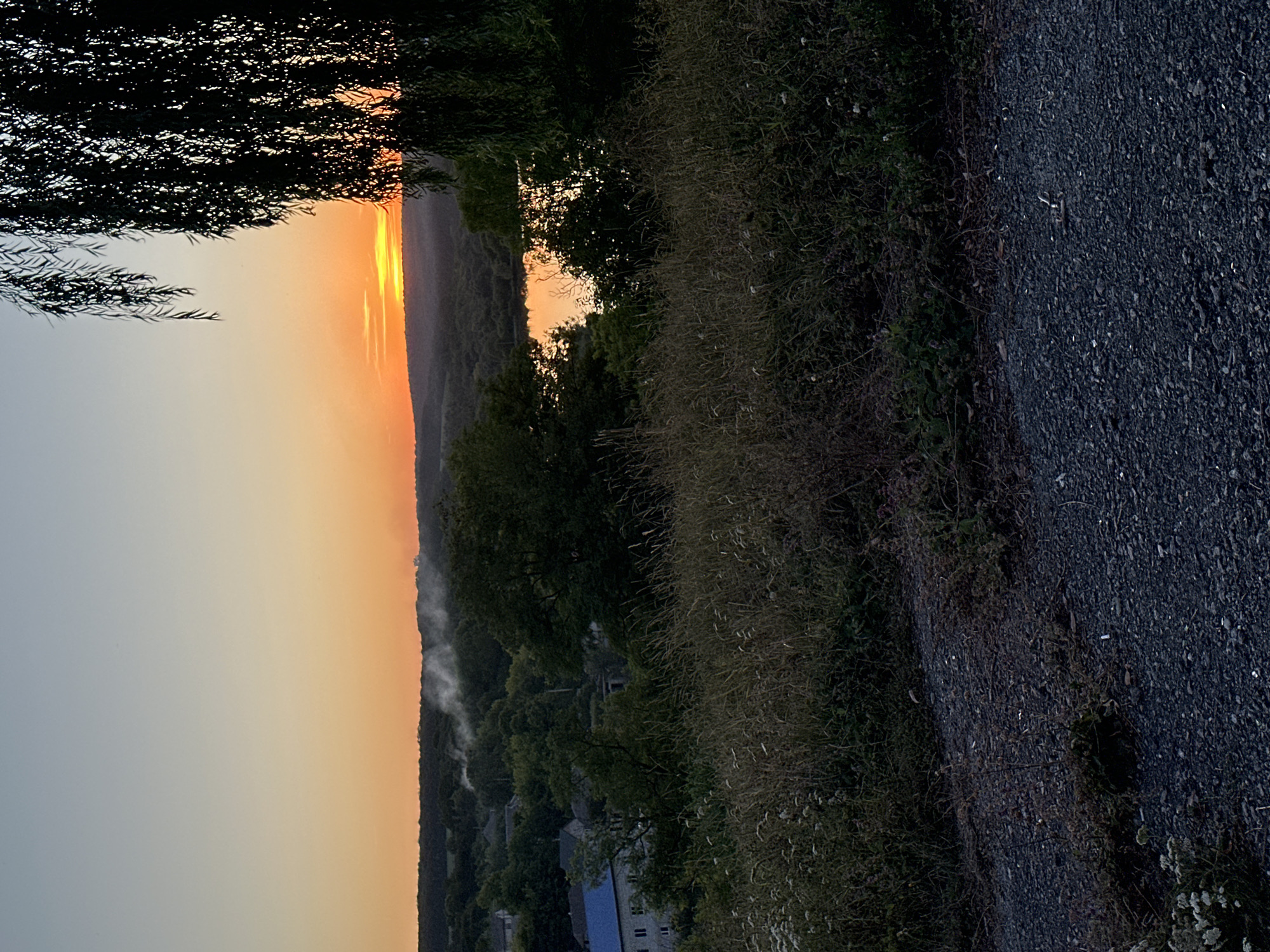 The image depicts a serene sunset over a rural landscape, possibly in the city of Makiv, Ukraine. The sky is painted with a gradient of soft orange and pale blue hues. In the foreground, a dark, gravelly path is visible, with sparse vegetation and dry grass growing alongside it. Beyond the path, a rolling landscape unfolds, characterized by lush green trees and scattered buildings, some with distinctive blue roofs. A body of water, reflecting the vibrant colors of the sunset, is nestled amidst the trees in the mid-ground. Wisps of smoke rise from the treeline in the distance, adding a subtle atmospheric element to the scene. The silhouette of a large tree with drooping branches frames the right side of the image, its dark foliage contrasting with the illuminated sky. The overall impression is one of tranquility and natural beauty at dusk.
