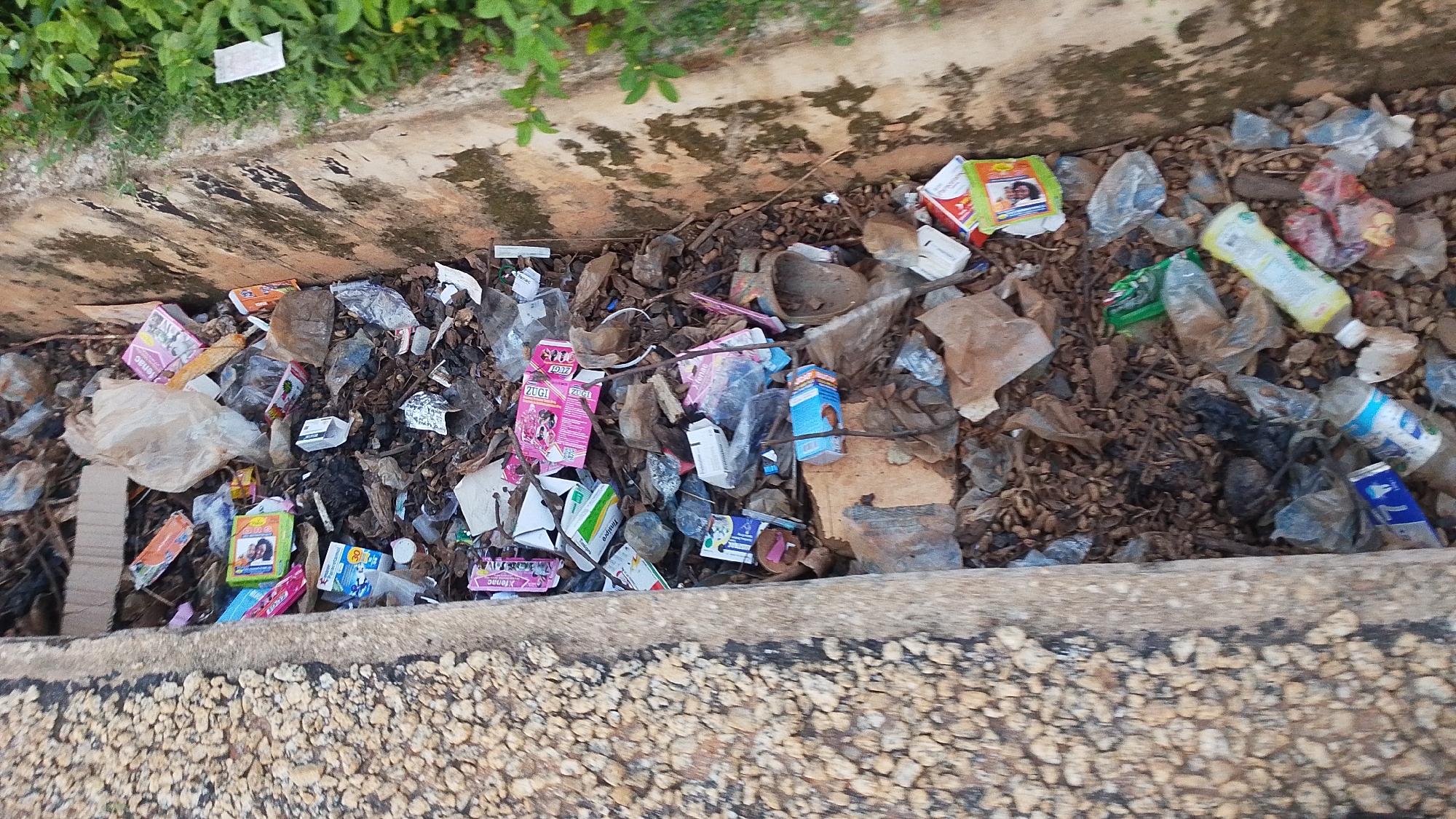 The image shows a large pile of trash in a ditch in Donga, Nigeria. The trash includes plastic bottles, wrappers, cardboard boxes, and other debris. The ditch appears to be located alongside a sidewalk or walkway, and there are some plants growing on the embankment above the trash. The overall scene depicts a significant accumulation of waste in an urban environment.