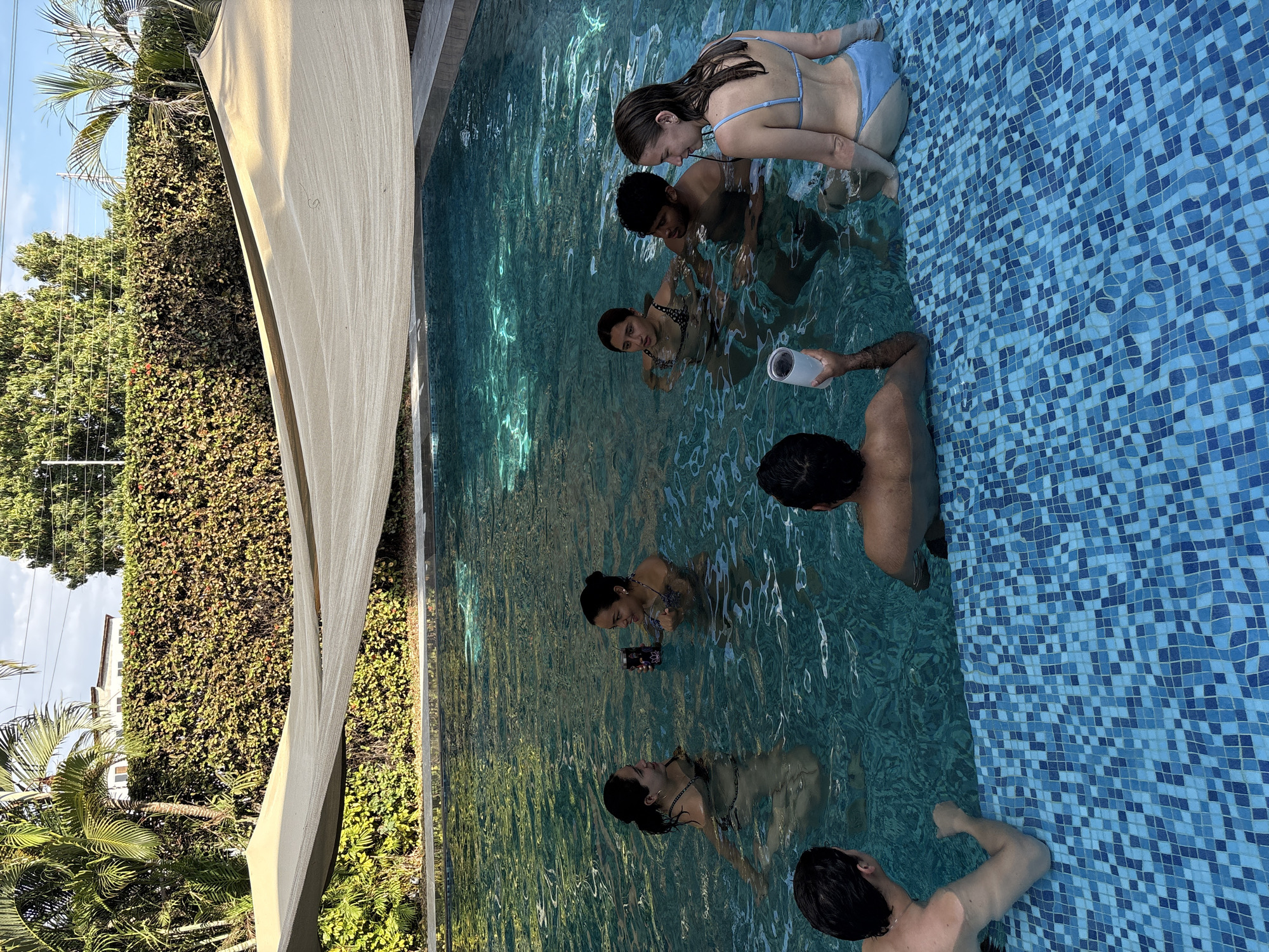 The image depicts a group of seven people in a swimming pool. The pool is lined with blue tiles and surrounded by lush greenery and trees. A light-colored awning or canopy provides shade to one side of the pool. The people are partially submerged in the water, engaging in conversation and relaxation. One individual is holding a white cylindrical object, possibly a beverage container. Another person appears to be holding a camera or phone. The image suggests a casual and social gathering in a tropical setting. Puerto Escondido, Mexico is not identifiable in this image.