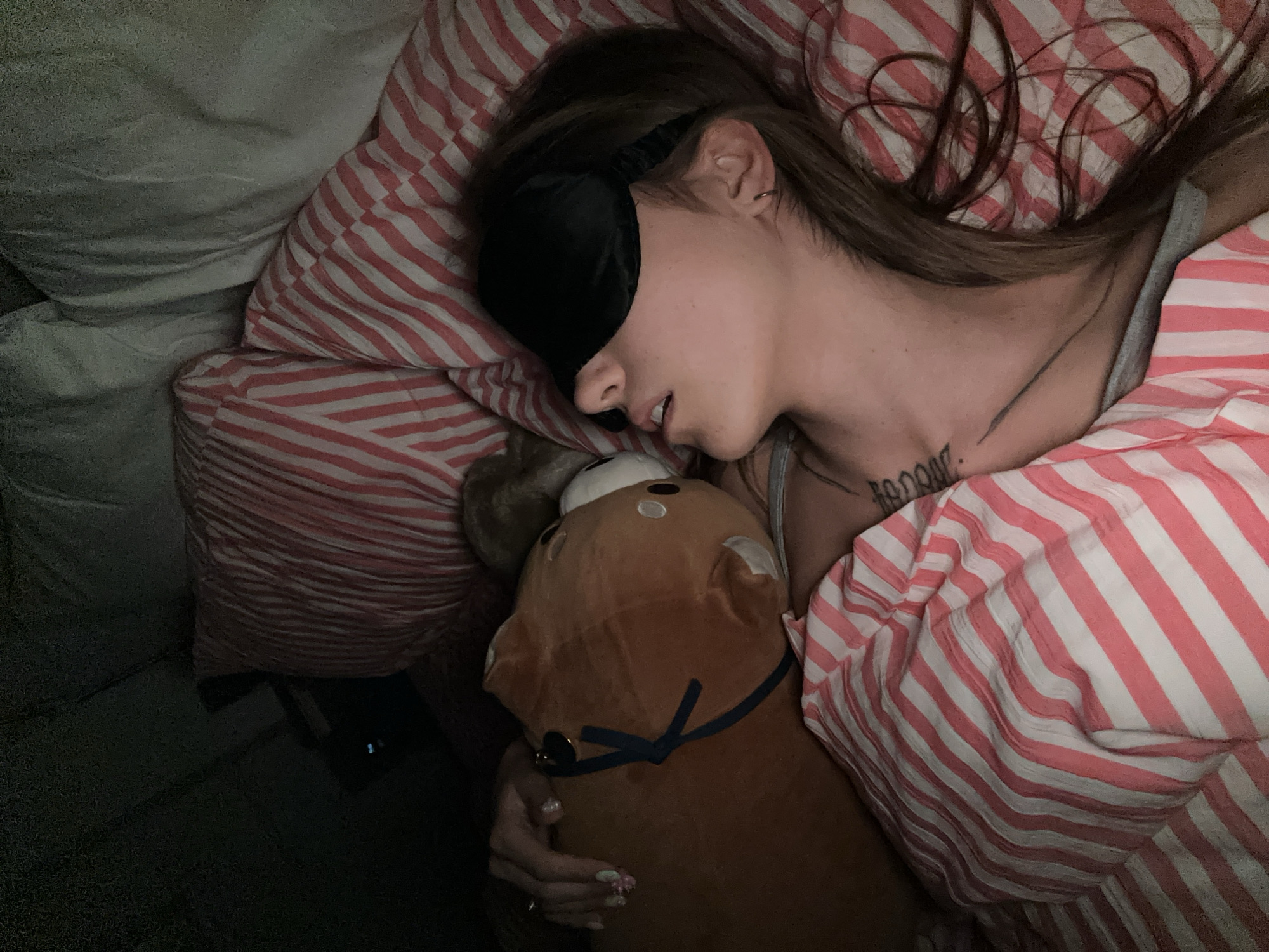 In a bedroom in Moscow, Russia, a young woman with long brown hair is sleeping on her side. She is wearing a black sleep mask and her mouth is slightly open. A stuffed animal, possibly a horse, is next to her. She is covered with a pink and white striped blanket. There are also pink and white striped pillows on the bed. The room is dimly lit, with some light coming from a device on a nightstand.