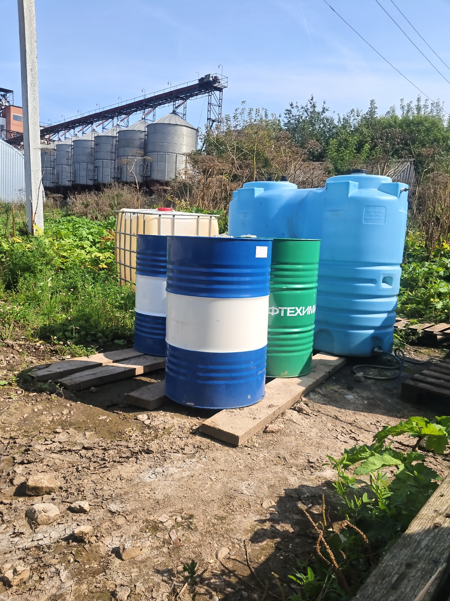 In the city of Platoschino, Russia, a scene unfolds outdoors with a clear blue sky overhead. The foreground is dominated by a rough, dry ground surface with scattered rocks and cracked earth, indicating a potentially arid or dusty environment. Several large containers are present, suggesting an industrial or agricultural setting.
In the center-left, three cylindrical metal barrels are arranged. The barrel closest to the viewer is painted with alternating bands of blue and white. Next to it, a green barrel stands, bearing white Cyrillic lettering that reads "НЕФТЕХИМ" (NEFTEKHIM), likely indicating its contents or origin related to petrochemicals. To the far left, a partially visible IBC (Intermediate Bulk Container) tote, made of plastic and encased in a metal cage, is present.
Behind these barrels, a row of tall, silver, conical silos stretches across the middle ground, connected by an elevated conveyor belt system. These silos are characteristic of grain storage facilities. Lush green vegetation, including large-leafed plants, thrives around the silos and in the lower right portion of the image, contrasting with the dry ground.
To the right of the metal barrels, two large, bright blue plastic water tanks are situated. The tank on the right has visible molded details and text, including what appears to be a manufacturer's logo or model information. A dark hose is connected to the bottom of this tank.
The overall impression is one of an outdoor industrial or storage area, possibly related to agriculture or chemical processing, with a mix of mature infrastructure and encroaching natural vegetation under a bright sky. There are no people visible in the image.