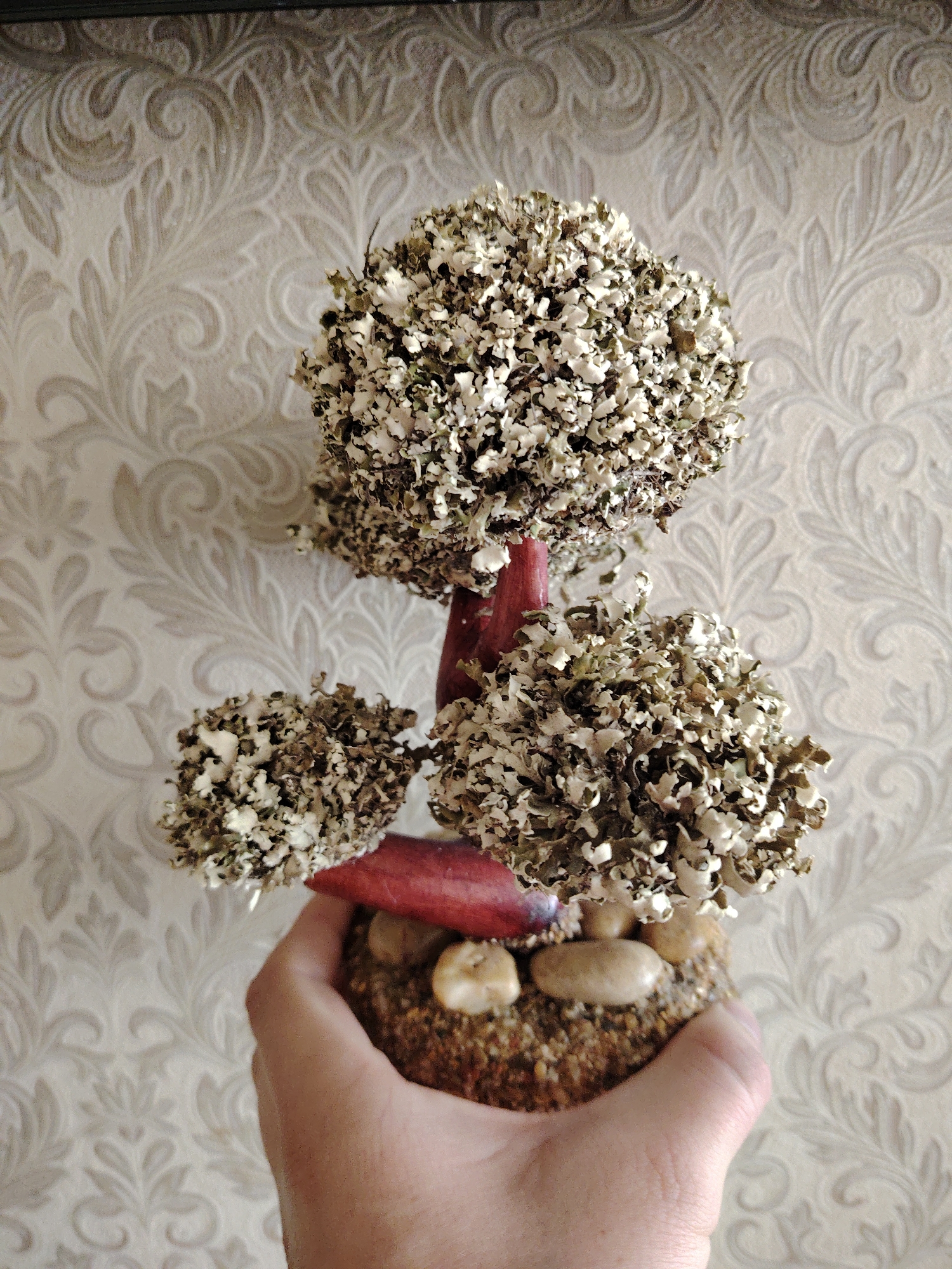 A hand holds a miniature tree made of dried moss and twigs, standing in a pot filled with pebbles and sand. The tree has three clusters of moss, resembling foliage, attached to a reddish-brown trunk. The background is a textured wallpaper with a floral pattern. The lighting suggests an indoor setting.
