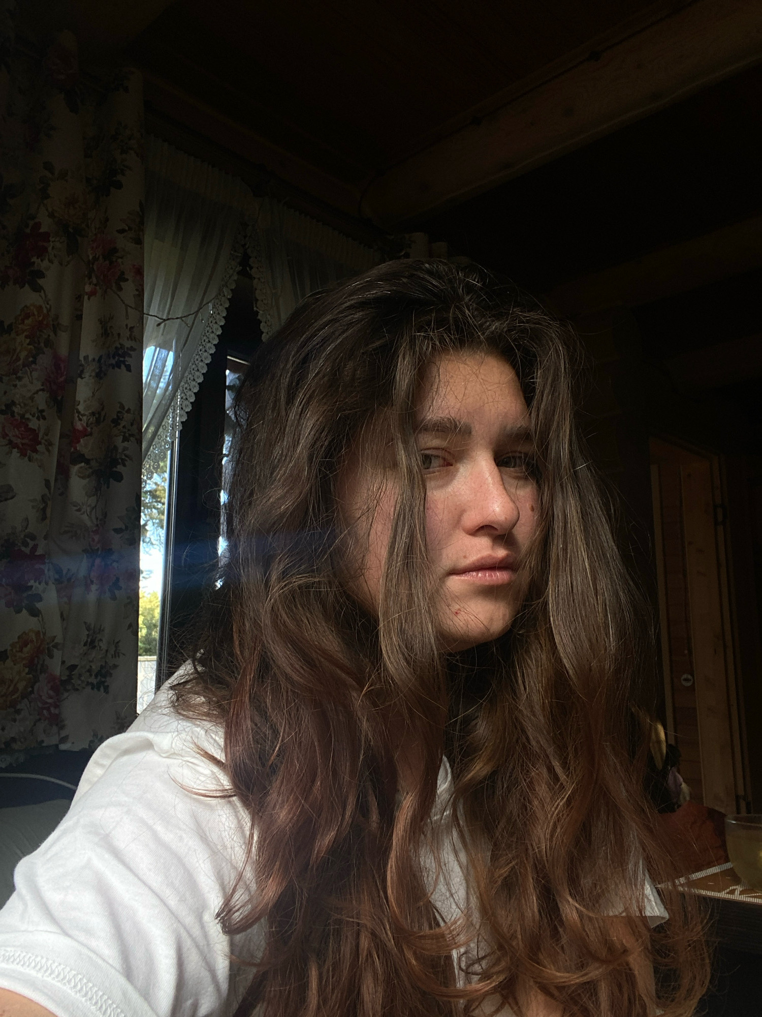 This is a head-and-shoulders photograph of a young woman with long, wavy brown hair, wearing a white t-shirt. She is looking slightly off to her right, with a neutral expression. The background is dimly lit and appears to be an indoor setting with wooden beams overhead and a window with floral curtains on the left. Outside the window, trees are visible. The overall impression is of a casual, indoor portrait. There is no indication that this image is located in the city of Perm, Russia, or any specific city.