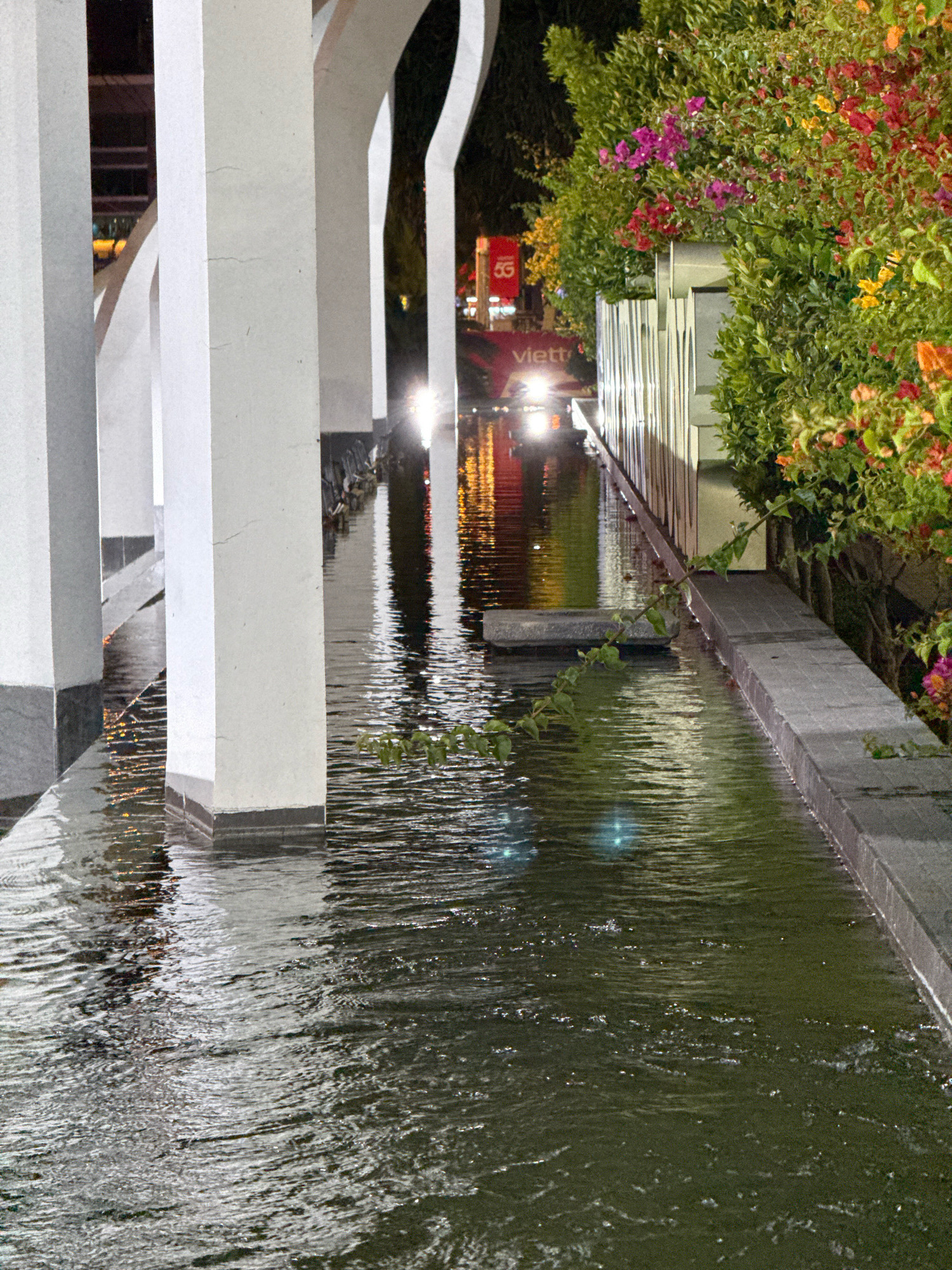 This is a nighttime photograph of a water feature with architectural columns and lush vegetation. The scene appears to be located in Nha Trang, Vietnam, possibly near the Nha Trang Center, suggested by the presence of the "5G" logo and the "viett" text on a red sign in the background.
The foreground is dominated by a shallow, reflective pool of water, its surface rippled and showing glints of light. The water is a dark, greenish-brown color. A narrow concrete pathway runs along the right edge of the water feature.
On the left side of the frame, several large, white, rectangular columns rise from the water, suggesting a covered walkway or arcade. The columns have a slight curve at their tops, hinting at an arched structure overhead, although the ceiling is not visible. The bases of the columns are submerged in the water.
To the right of the columns and beyond the water feature, there is a dense wall of greenery, interspersed with vibrant flowering plants in shades of pink, red, and yellow. Behind the foliage, some vertical elements of a building or structure are visible, with lights reflecting on the water.
In the mid-ground, a bright white light source is visible, possibly from a vehicle, creating a strong reflection on the water. A red sign with a white "5G" logo and the word "viett" is partially visible behind the vegetation.
The overall impression is one of a modern urban landscape at night, where architecture and nature meet, illuminated by artificial lights. The water feature adds a tranquil element to the scene, reflecting the surrounding lights and colors. There are no people clearly visible in the photograph.