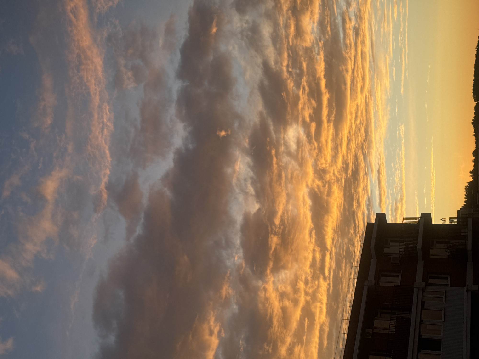 The image shows a brick building with balconies and windows, silhouetted against a vibrant sunset sky. The sky is filled with dramatic clouds illuminated in shades of orange, pink, and yellow. In the distance, a faint treeline is visible against the horizon. The scene appears to be in the city of Markova, Russia, given the architectural style and the commonality of such sunsets in this region. There are no people or animals visible in the frame. The overall atmosphere is serene and visually striking, highlighting the beauty of the natural phenomenon against the urban backdrop.