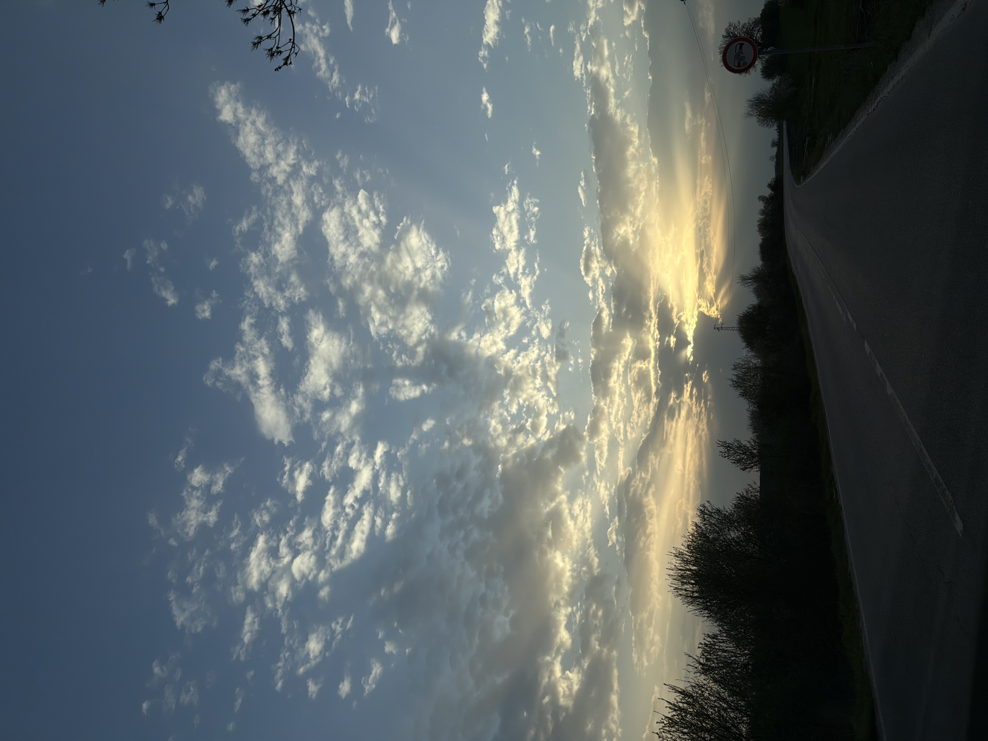 A landscape photograph depicts a rural asphalt road stretching into the distance on the right side, bordered by trees on the left and a partly cloudy sky illuminated by the setting sun. A road sign with an indistinct graphic is visible at the roadside. The photo may have been taken in or near Ugarchin, Bulgaria.