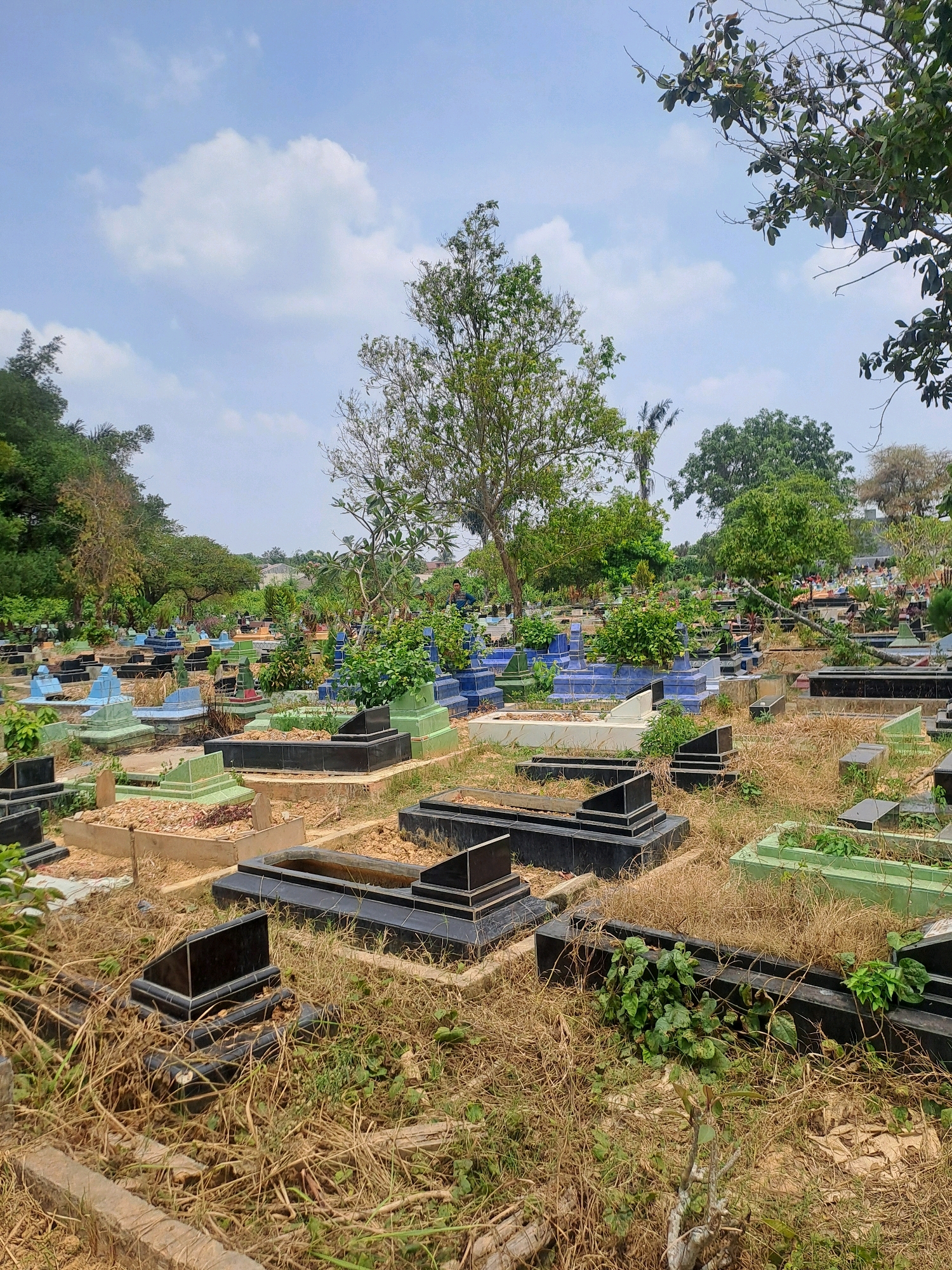 The image depicts a cemetery located in Palembang, Indonesia. The scene is characterized by numerous graves of varying designs and colors, including black, blue, and green headstones, many of which are rectangular structures. The ground is covered with dry grass and some green vegetation is growing around the graves. Trees and foliage are visible throughout the cemetery, with a clear sky above, featuring some white clouds. A few scattered buildings can be seen in the background. In the right middle ground, two individuals are present; one is seated, and the other appears to be standing. The overall impression is that of a resting place, with the environment showing signs of natural overgrowth.