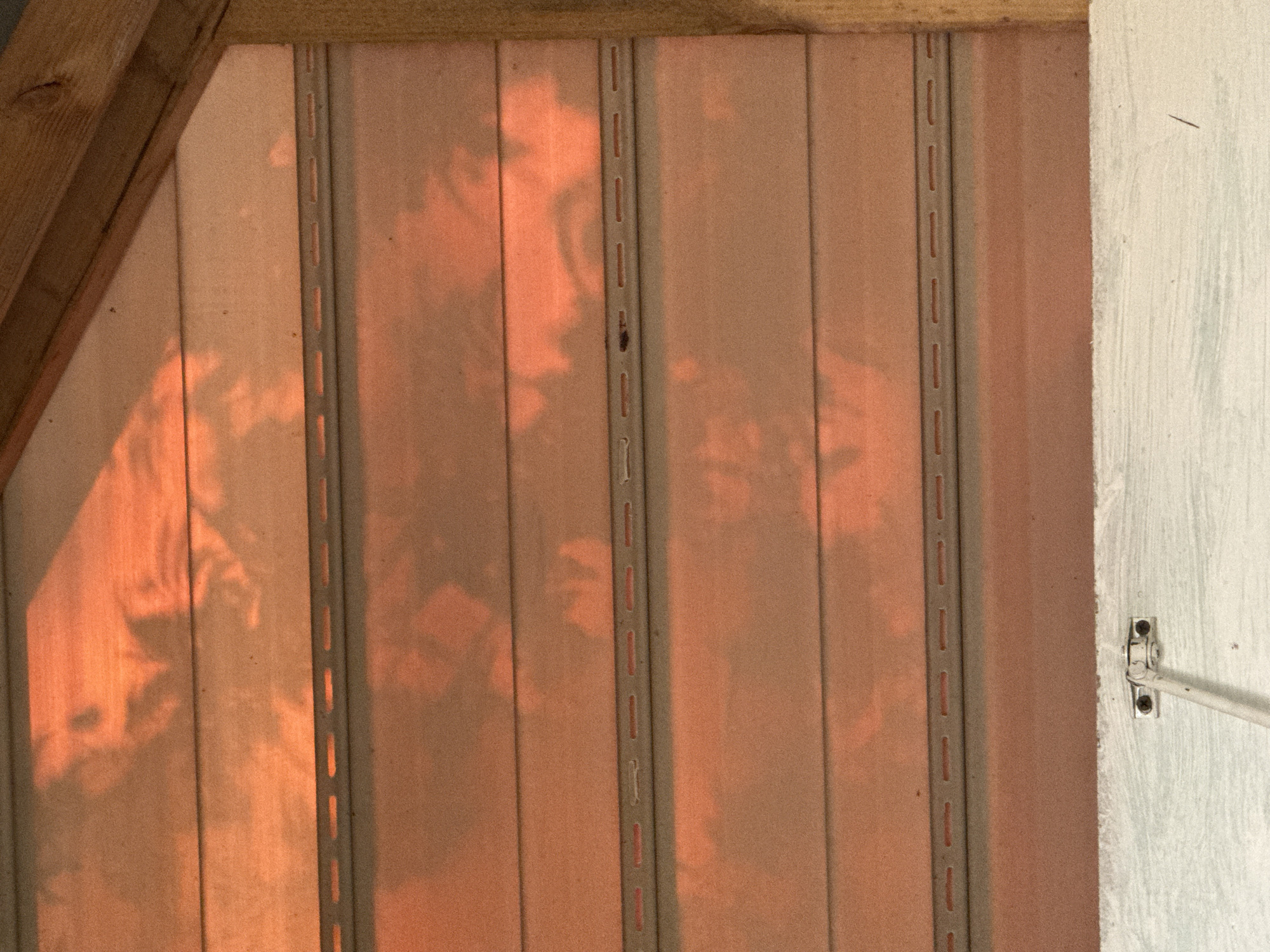 The image shows an interior wall constructed with light-colored, vertically aligned panels. The panels have vertical grooves delineating them. A wooden beam is visible in the upper-left corner. A white, painted wall section is located to the right of the panels, featuring a small, metal window or door latch mechanism. The panels are covered in orange, mottled patterns created by sunlight or artificial light. The location, Kuzili, Russia, is not discernible within the image content. The image presents no information related to people, subjects, objects, actions, or interactions besides what is visible in the built environment.