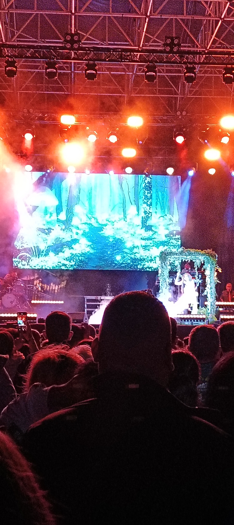 A concert is in progress, viewed from the audience. A large LED screen displays a forest-themed graphic, illuminated by stage lights. A performer in white attire is visible within a leafy structure on stage. Stage fog is present. A band is positioned behind the performer. The audience is visible in the foreground. The concert is taking place in Cerdanyola Del Vallès, Spain.