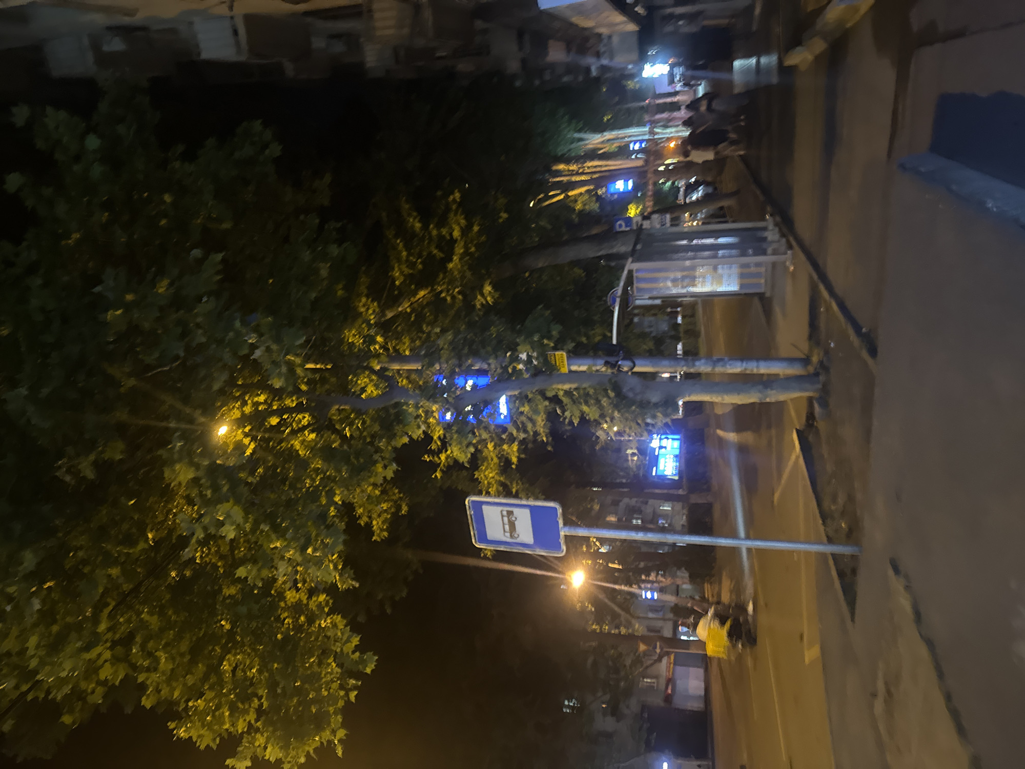 A night scene captures a street in Tbilisi, Georgia, likely near a bus stop. A prominent blue bus stop sign with a white bus silhouette stands tall, illuminated by ambient streetlights. Trees with dense green foliage line the street, their leaves casting shadows and catching the yellow and white glow of the streetlights. A road with painted markings is visible, and a scooter with a yellow storage box is in motion, its headlight beaming forward. In the background, a building with lit windows suggests urban activity, and a group of people are walking along the sidewalk. The overall atmosphere is dimly lit, typical of a city at night, with the artificial lights playing a significant role in illuminating the scene.