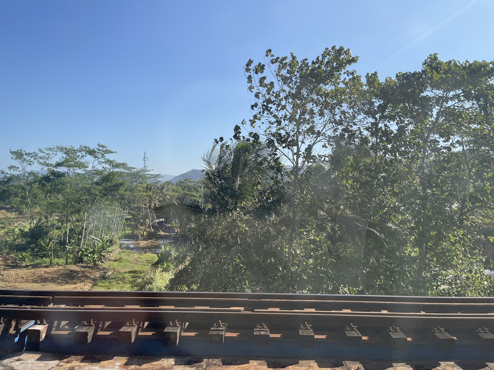 In Pekuncen, Indonesia, the image captures a view from a train, showcasing the landscape along the railway tracks. The foreground is dominated by the train tracks themselves, appearing dark and metallic, with visible ties and fasteners. Beyond the tracks, the scene unfolds into a lush, rural environment under a clear blue sky.
The middle ground features terraced fields, some of which appear to be cultivated or recently plowed, with patches of water visible in some areas, suggesting they might be rice paddies or irrigation channels. Scattered throughout this area are various types of vegetation, including trees with dense foliage, tall thin trees that could be bamboo or saplings, and plants with broad leaves, indicative of tropical flora. A small, rustic building with a dark roof is partially visible amidst the greenery.
In the background, a communication tower with a metallic structure rises above the trees, a sign of modern infrastructure within the rural setting. Further in the distance, rolling hills and mountains are silhouetted against the sky, their forms softened by the atmospheric haze. The overall impression is a serene, natural landscape, interrupted by the presence of the railway and a distant tower, typical of the Indonesian countryside. The lighting suggests it is daytime, with the sun casting distinct shadows on the train tracks and illuminating the foliage. There are no people visible in the image.