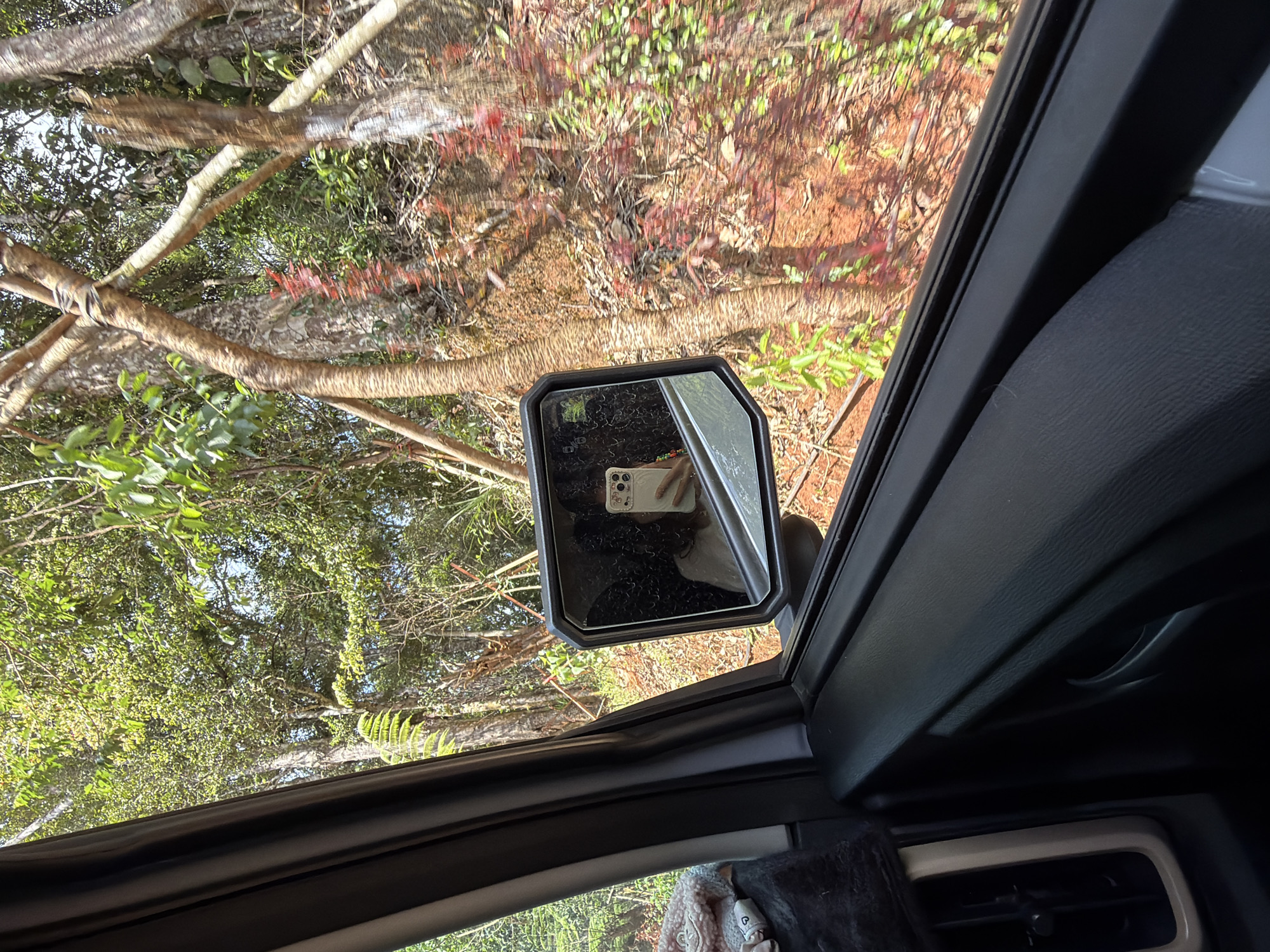 The image depicts a view from inside a vehicle, specifically from the driver's seat, while likely traversing a rural, forested area near Măng Đen, Vietnam. The side mirror reflects a forest scene, possibly a dirt road or dense vegetation. The image reveals dense foliage, dirt, and tree trunks through the window. The reflection in the mirror shows someone taking a photo of themselves with a cell phone. In the interior, dashboard components and possibly an air vent are visible. It appears the vehicle is in motion.