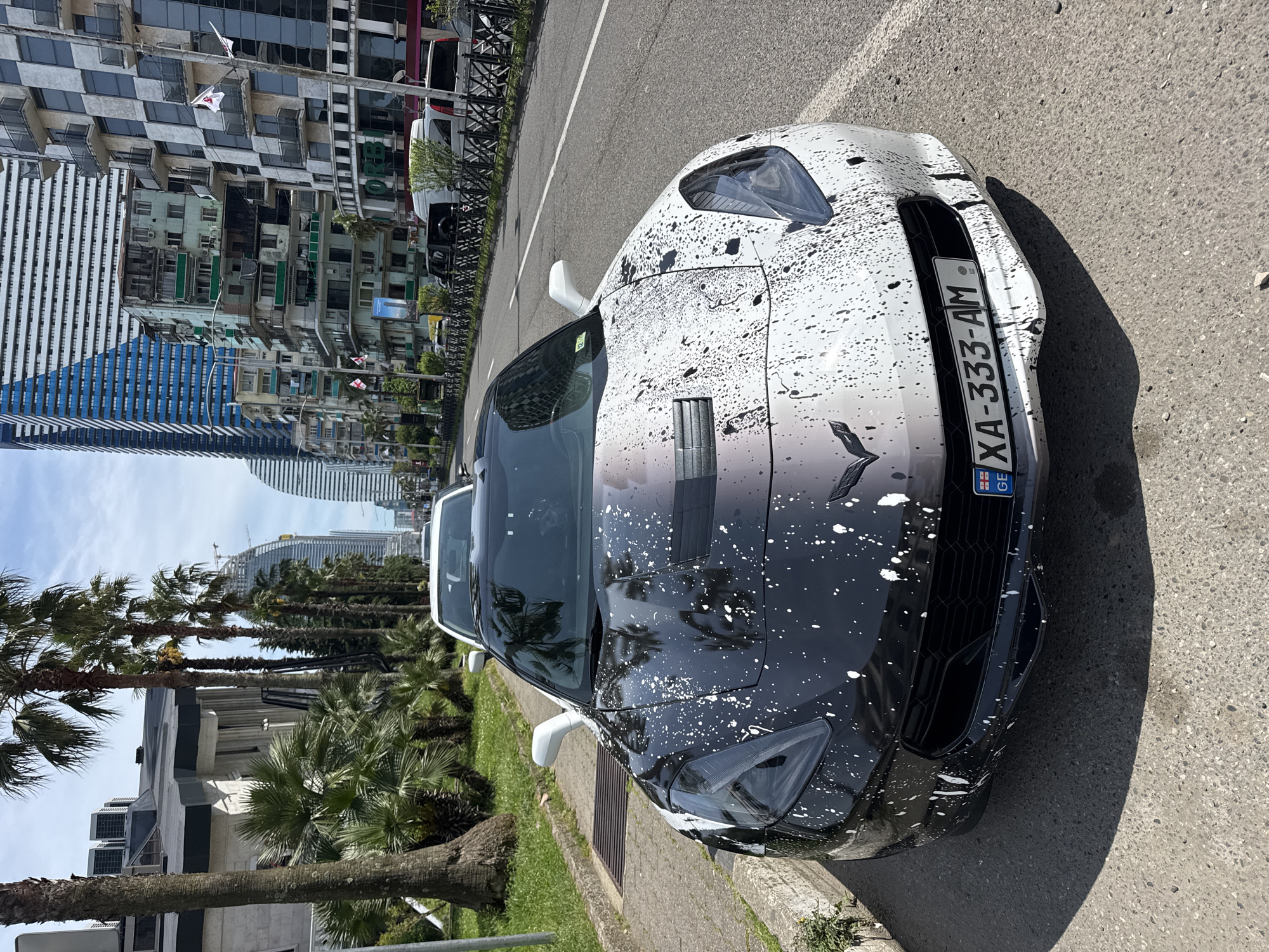A Chevrolet Corvette, predominantly black with white paint splatters, is parked on the side of a street in Batumi, Georgia. The car's license plate reads "XA-333-AM." The surrounding environment includes palm trees, modern high-rise buildings, and a street. Flags of Georgia are visible on buildings in the background. The scene appears to be a sunny day.
