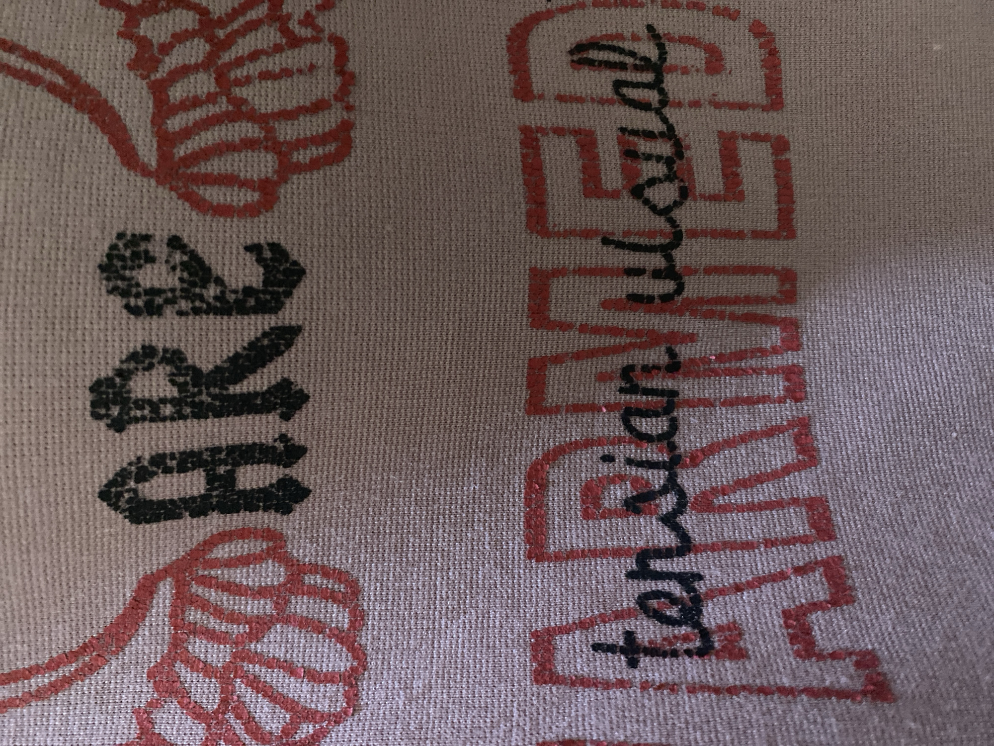 The image displays a close-up view of a textile with printed text. The top line of text, in black, reads "ARE". Below this, a larger red text reads "ARMED", with black cursive text overlayed that reads "tension visual". The textile appears to be a light pinkish-brown fabric with a visible weave. Red decorative elements resembling wings are printed on the left and right sides of the "ARE" text. The overall impression is of a graphic design printed on fabric. There are no discernible elements that would allow for the determination of its location in Jauro Yinu, Nigeria, or any other specific geographical context.