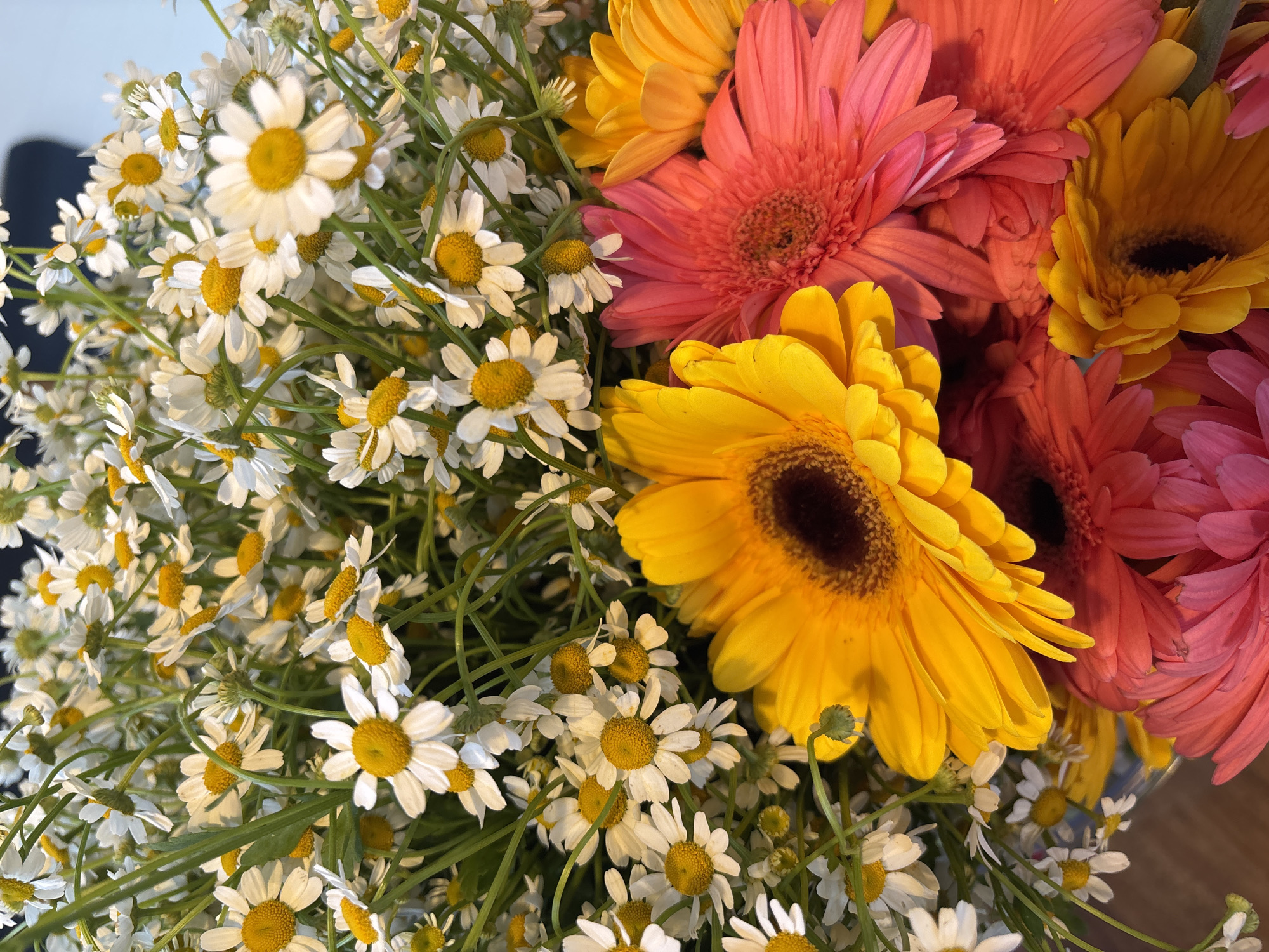 The image shows a close-up of a flower arrangement. On the left side, there's a dense cluster of small white daisies with yellow centers. On the right, a group of larger gerbera daisies are visible in shades of yellow, orange, and pink. The background is out of focus, with a hint of light wooden surface. The lighting appears soft and natural. The location is not determinable from the visual data. There are no people visible.