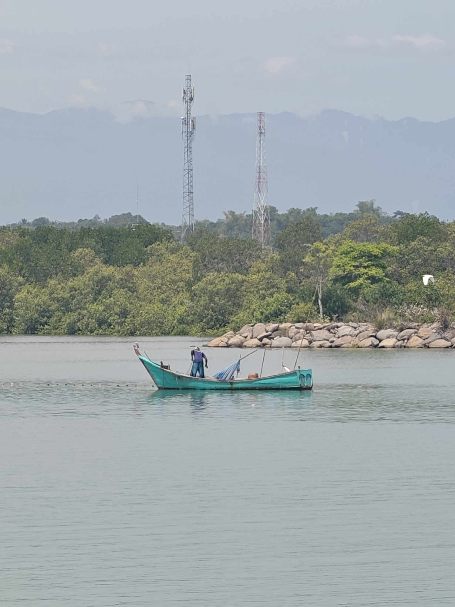 The image depicts a man in a turquoise boat on a calm body of water, possibly near Lhokseumawe, Indonesia. The man is standing and appears to be managing fishing nets. Behind the boat, there's a line of small, linked floats stretching across the water, likely connected to the net. The shoreline consists of dense green vegetation with a rocky section on the right side. In the background, there are two tall telecommunication towers and a range of hazy mountains. A white bird is seen flying in the sky, to the right of the boat.
