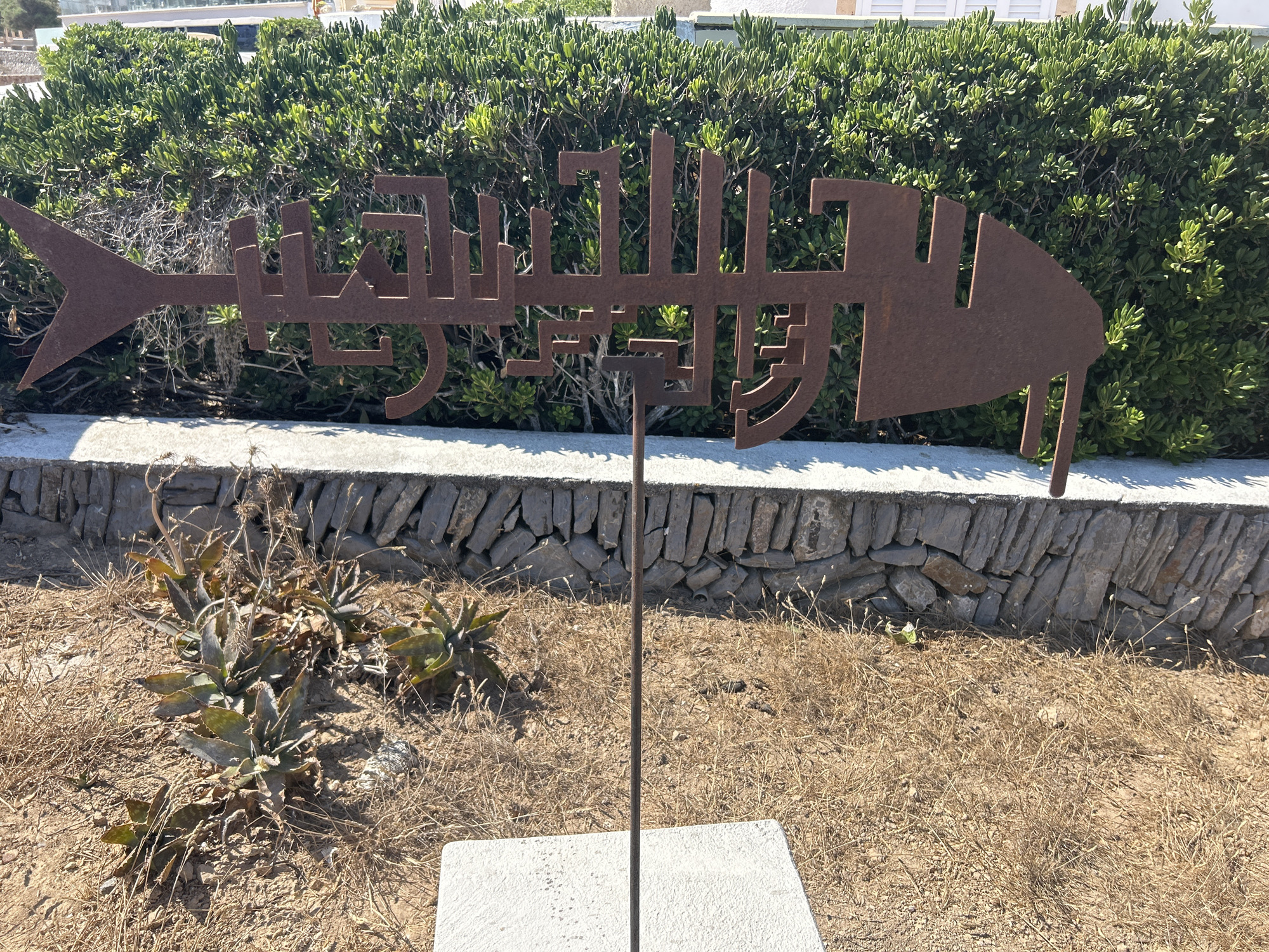 In Cala Lliteres, Spain, a weathered, rusty metal sculpture resembling a fish skeleton is centrally positioned in an outdoor setting. The sculpture, which has an arrow-like head and a tail made of stylized bone-like elements, is mounted on a thin metal pole that extends from a white square base. Behind the sculpture, a dense, green hedge forms the background, bordered by a low wall constructed from irregular stones. The ground in front of the wall is covered in dry, light brown grass and sparse, drought-resistant succulents. The scene is illuminated by bright sunlight, casting shadows.
