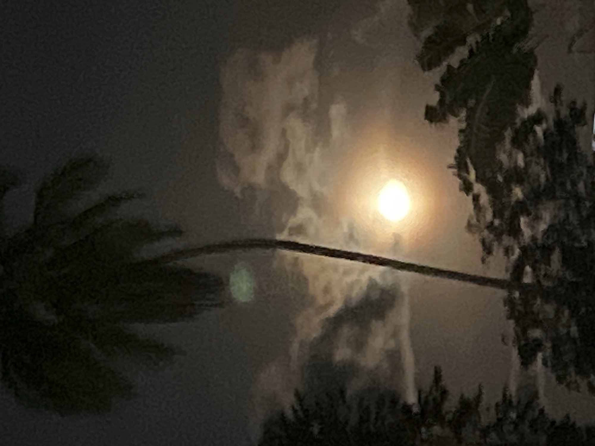 The image depicts a night scene in what appears to be a tropical location, possibly Baan Lamai, Thailand. The bright moon, obscured by clouds, dominates the sky. Silhouetted palm trees are visible on the left and right sides of the frame. A dark, horizontal object, possibly a wire or branch, stretches across the middle of the image, bisecting the moon. Vegetation, likely trees or bushes, is visible at the bottom of the frame. The overall atmosphere is dark and indistinct due to low lighting and cloud cover.
